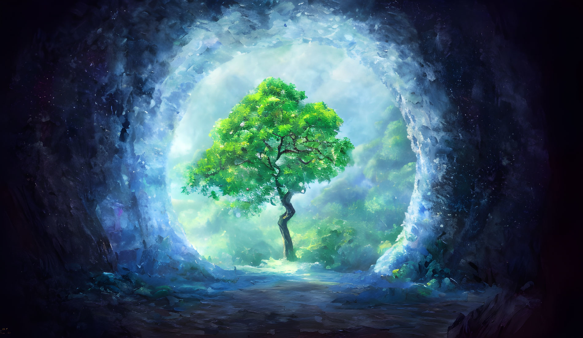 Vibrant tree in cave tunnel with ethereal light creating mystical scene