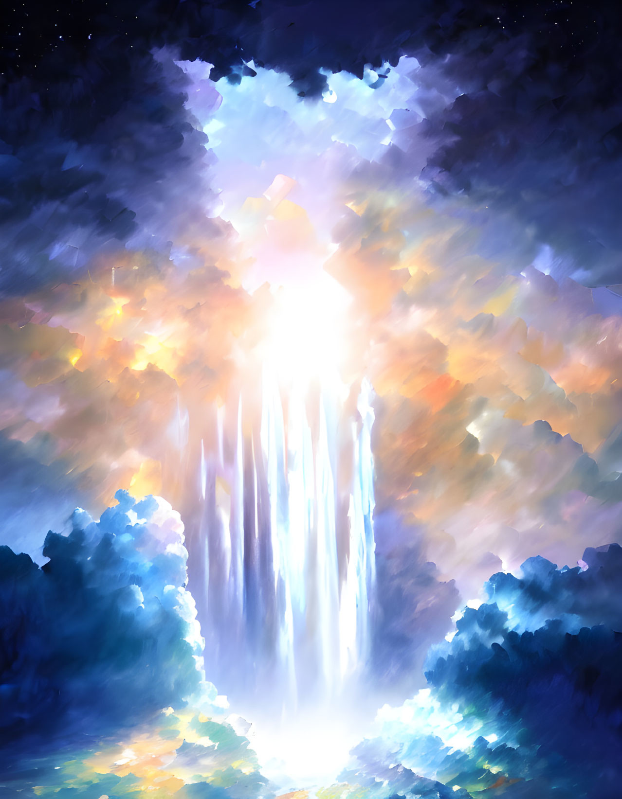 Celestial waterfall digital painting with radiant light and starry night sky