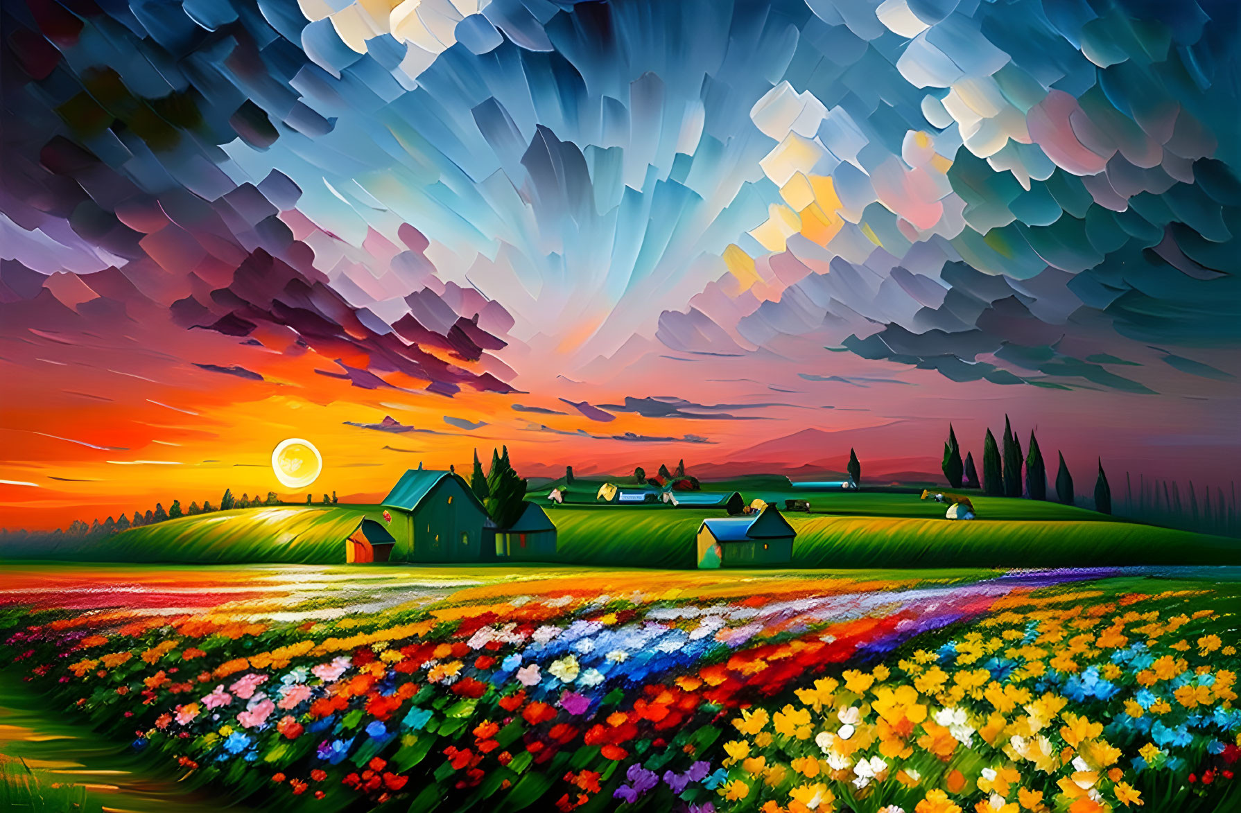 Colorful countryside painting: flower fields, green hills, small houses, dramatic sunset sky