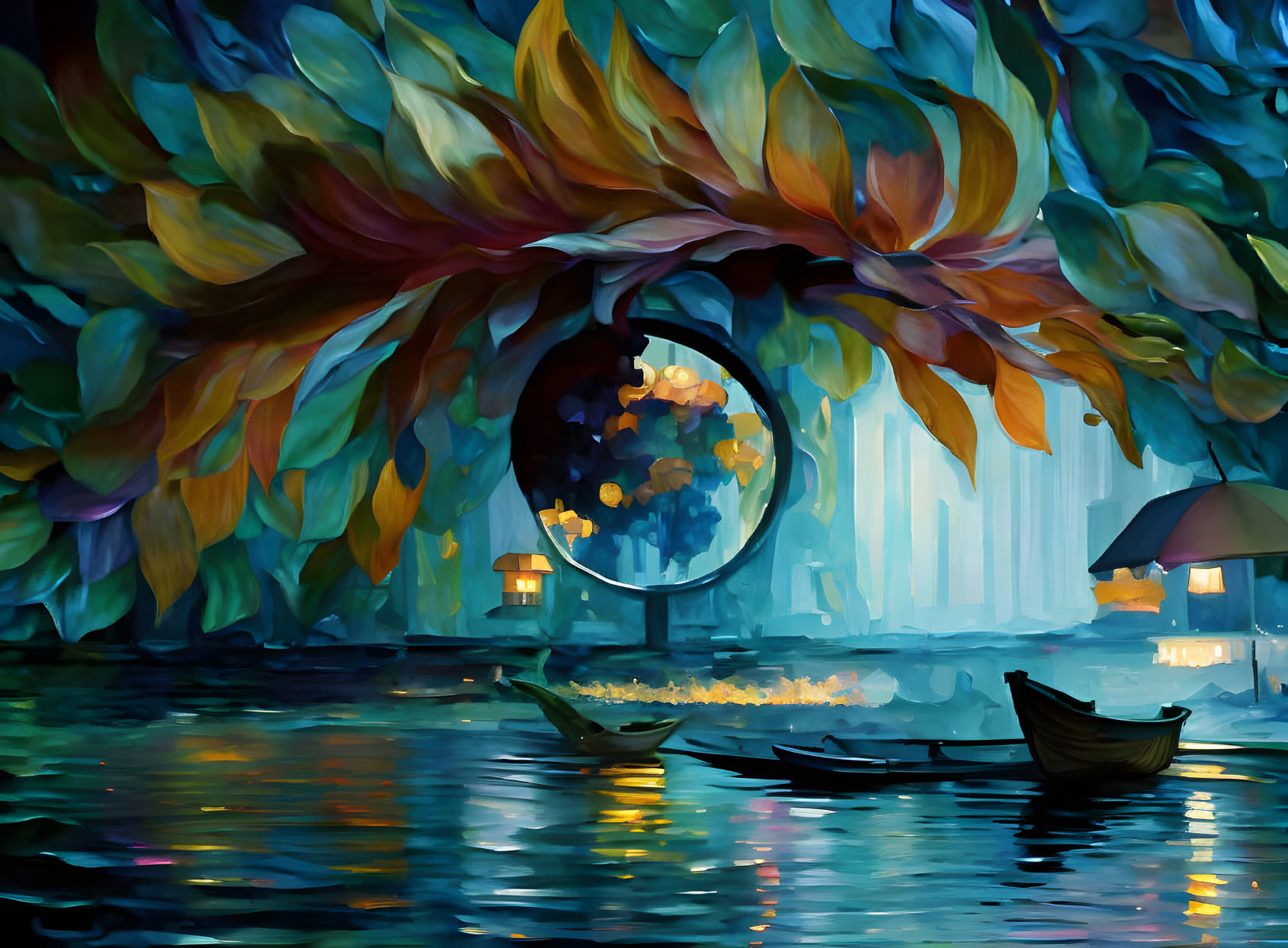 Stylized painting of serene lake at night with circular portal and lone boat