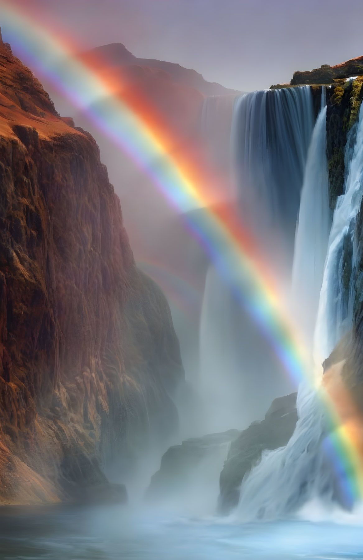 Majestic waterfall with vibrant rainbow and rugged cliffs