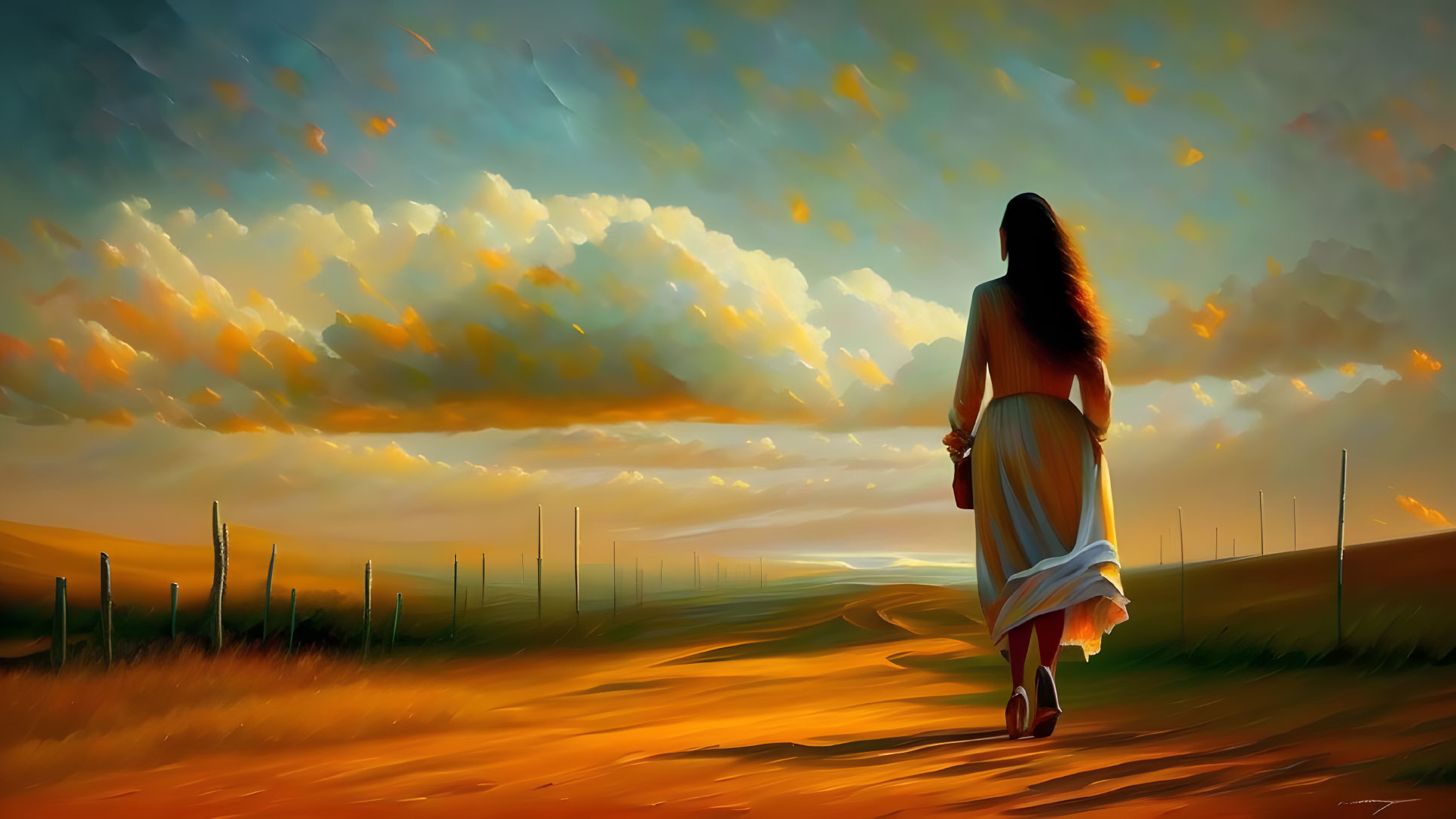 Woman Walking on Winding Path Through Golden Fields at Sunset