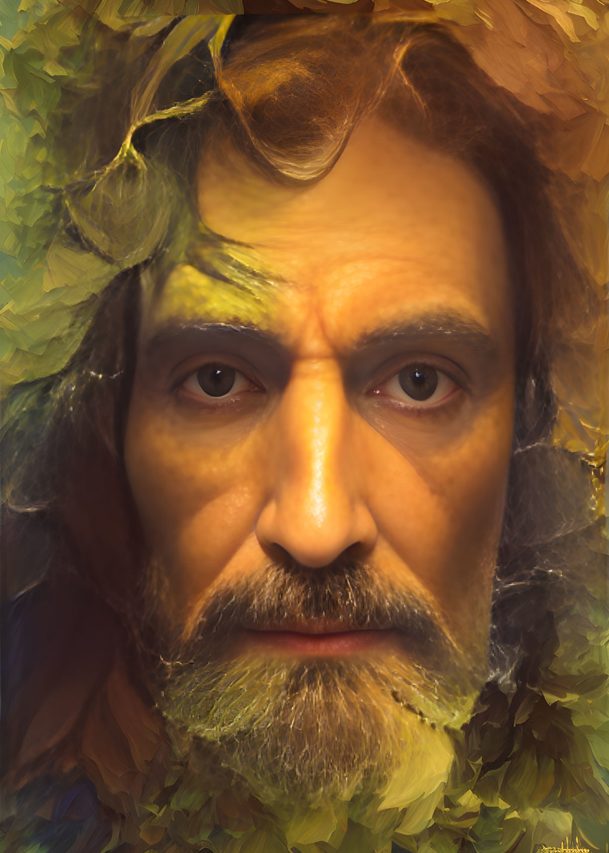 Intense man portrait with deep-set eyes and full beard on amber background