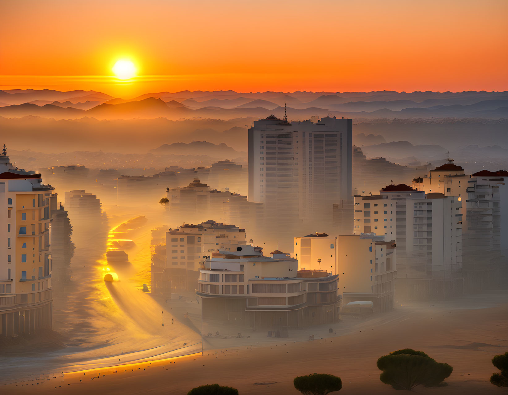 City skyline at sunrise in sandy desert landscape