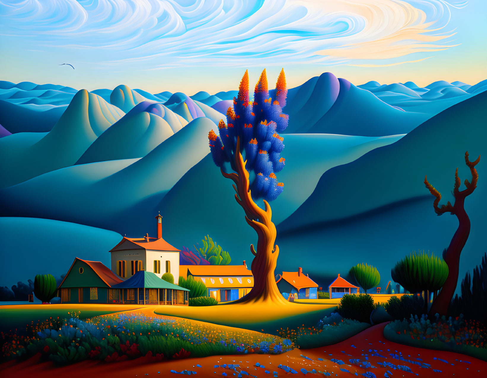 Vibrant tree in bloom in rural homestead painting