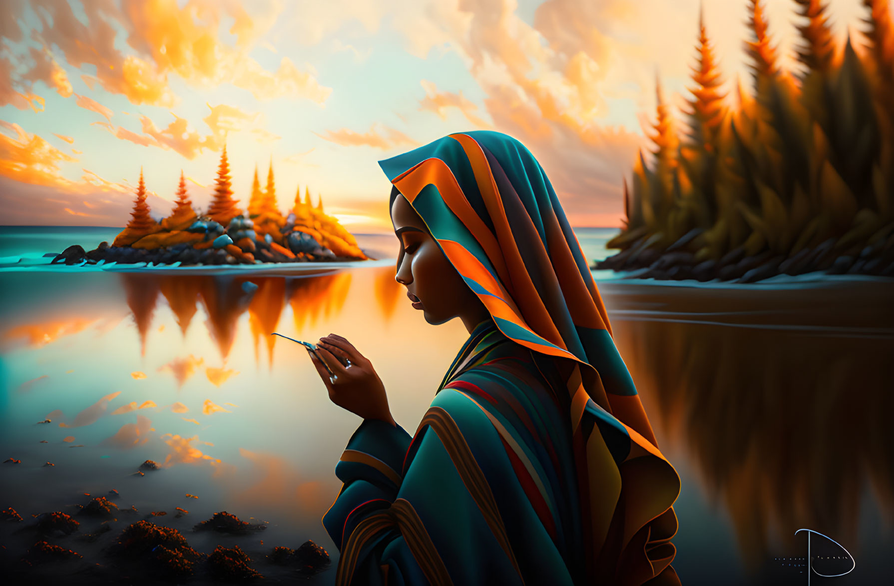 Colorful Scarf Woman Contemplating Sunset Lake