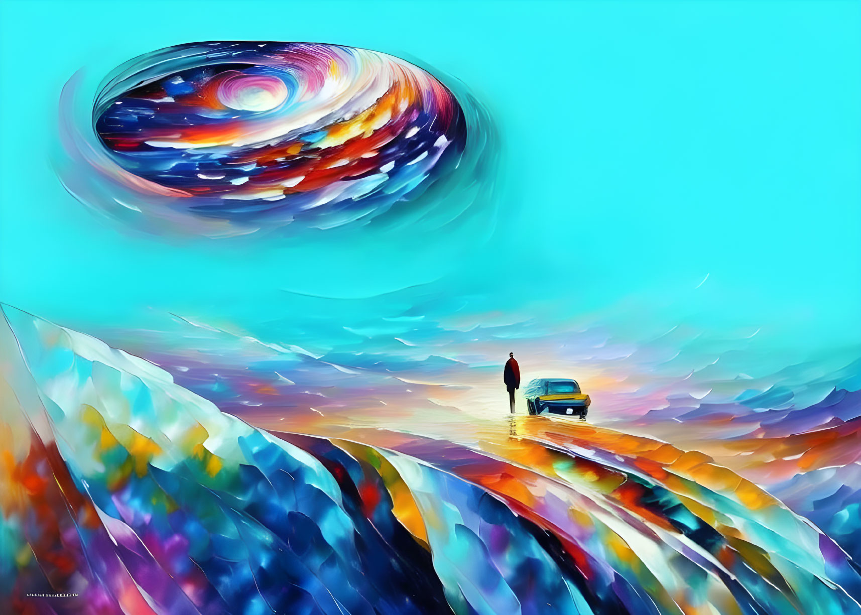 Colorful surreal artwork: Figure with classic car on wavy road