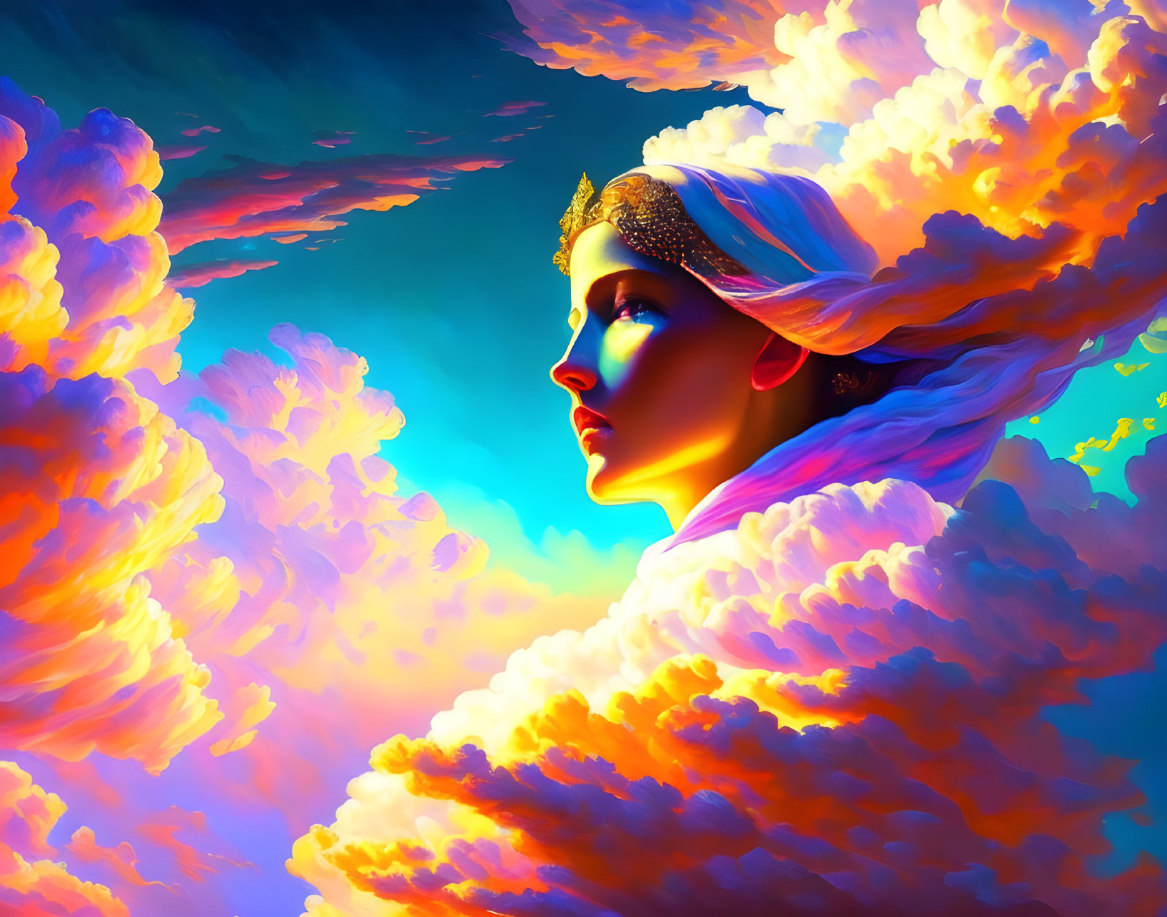 Colorful Woman's Profile Blending with Clouds in Bright Sky