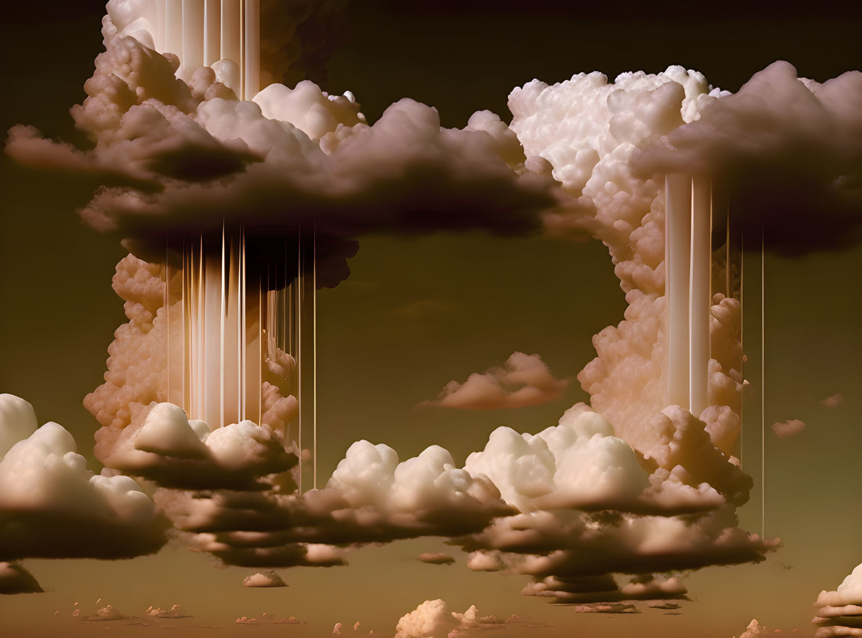 Surreal cloudscape with pillar-like formations in sepia-toned sky