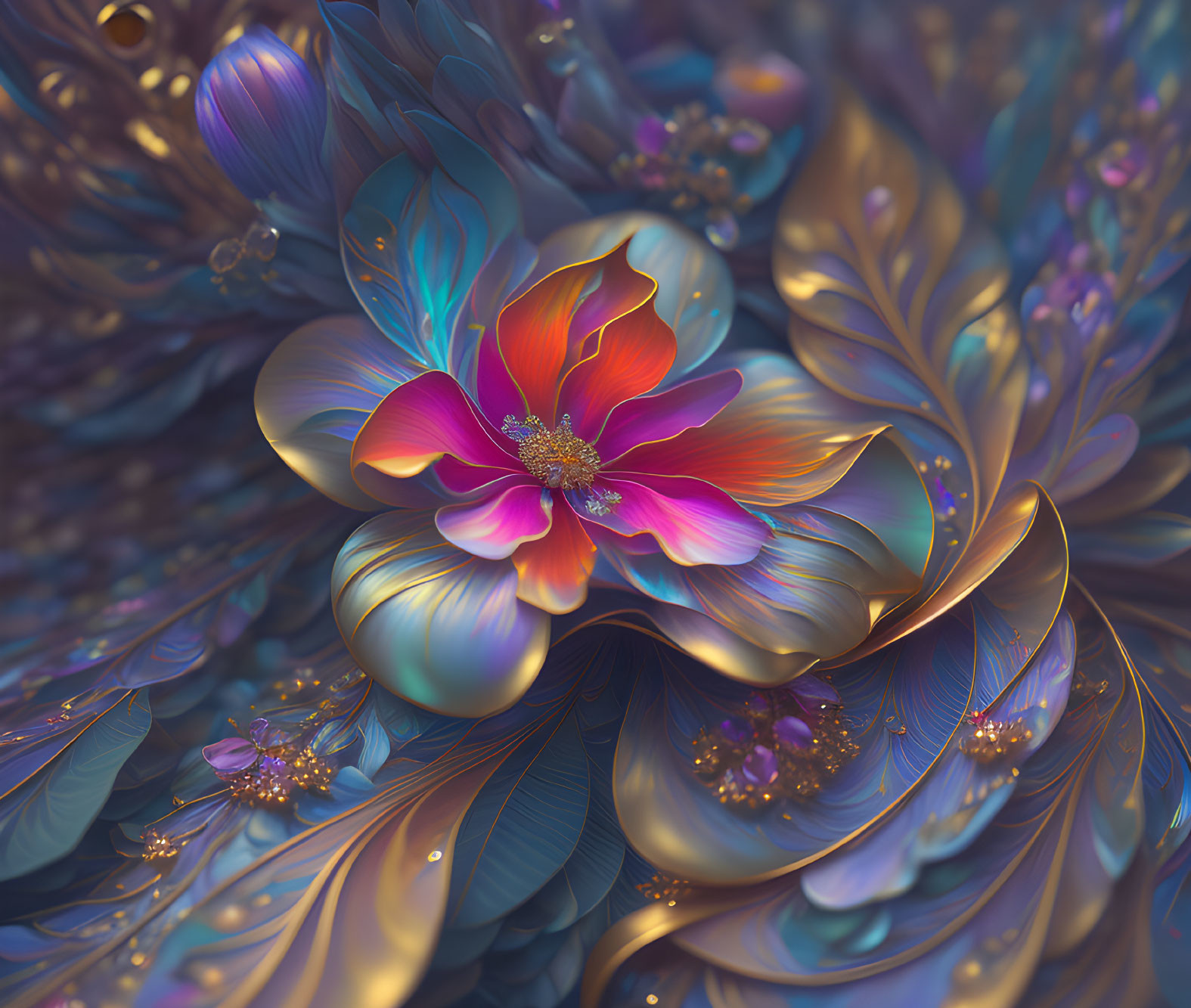 Colorful digital artwork of stylized flower with intricate purple, blue, and orange petals on textured background