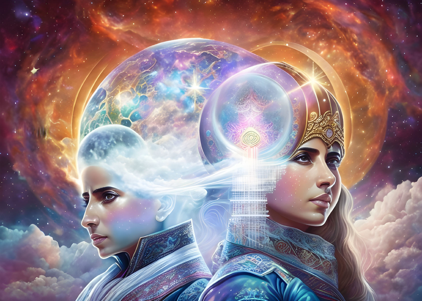 Colorful Digital Artwork: Human-like Cosmic Entities in Celestial Setting