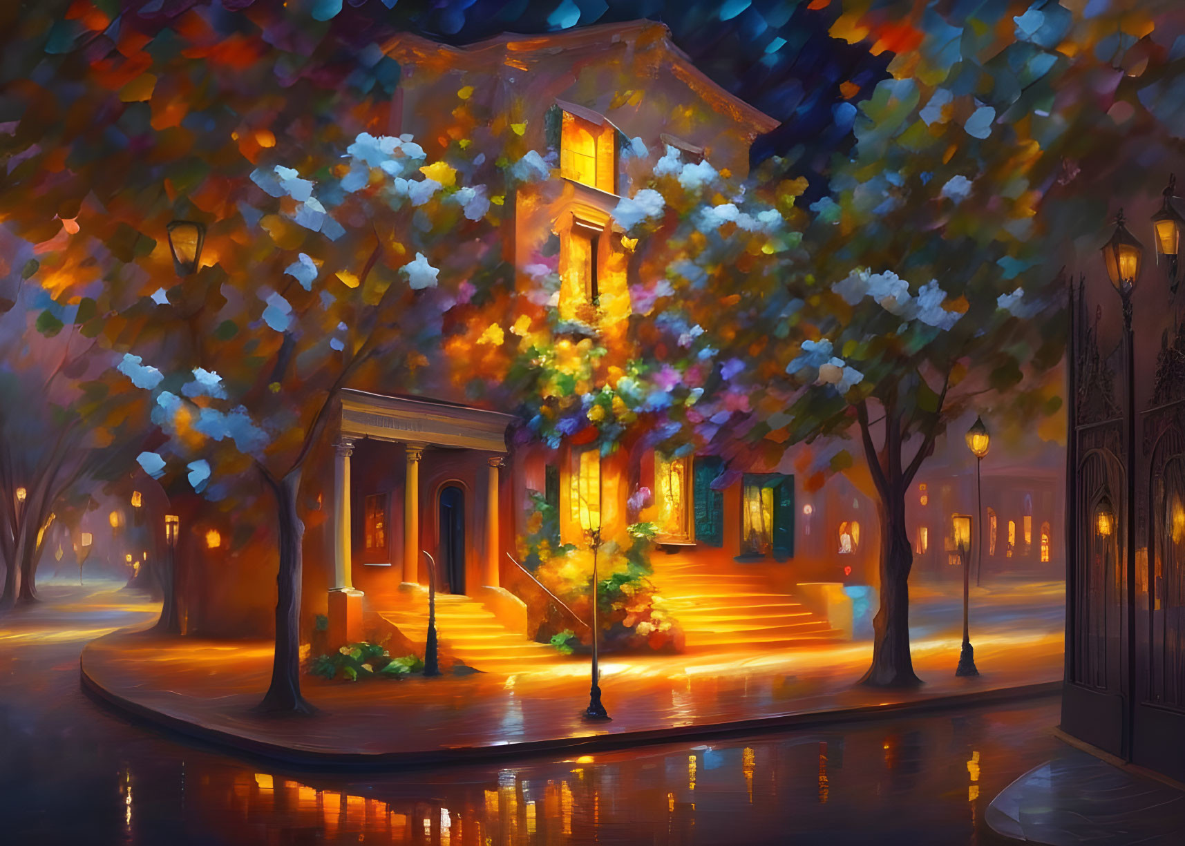 Colorful Night Street Corner Painting with Warmly Lit House