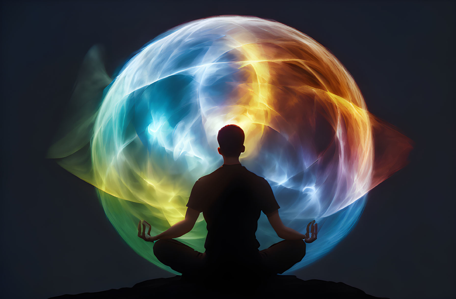 Person meditating with swirling blue and orange aura on dark background