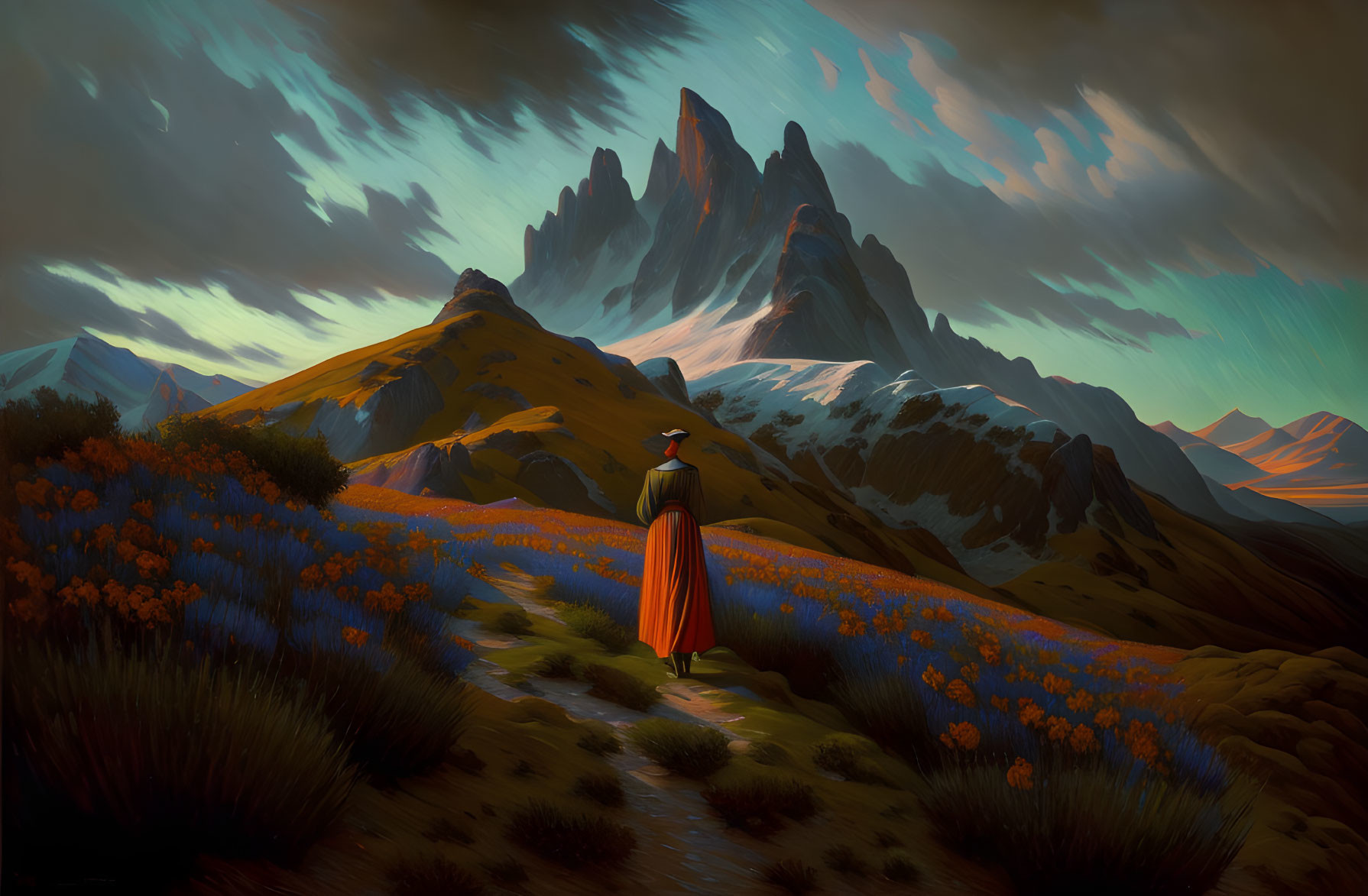 Solitary figure in red cloak amid blue flowers and mountain peaks