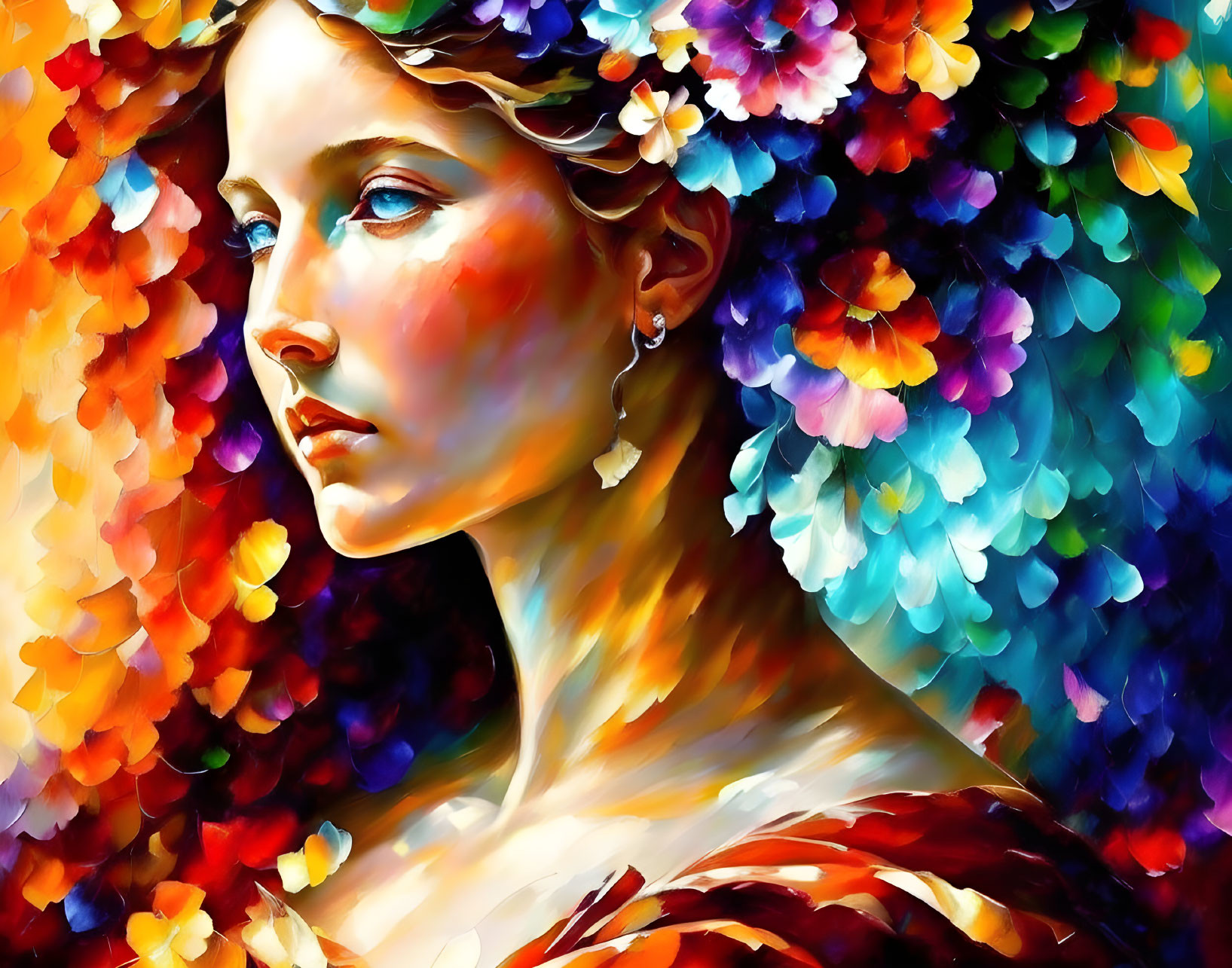 Colorful digital painting: Woman with floral hair and warm tones