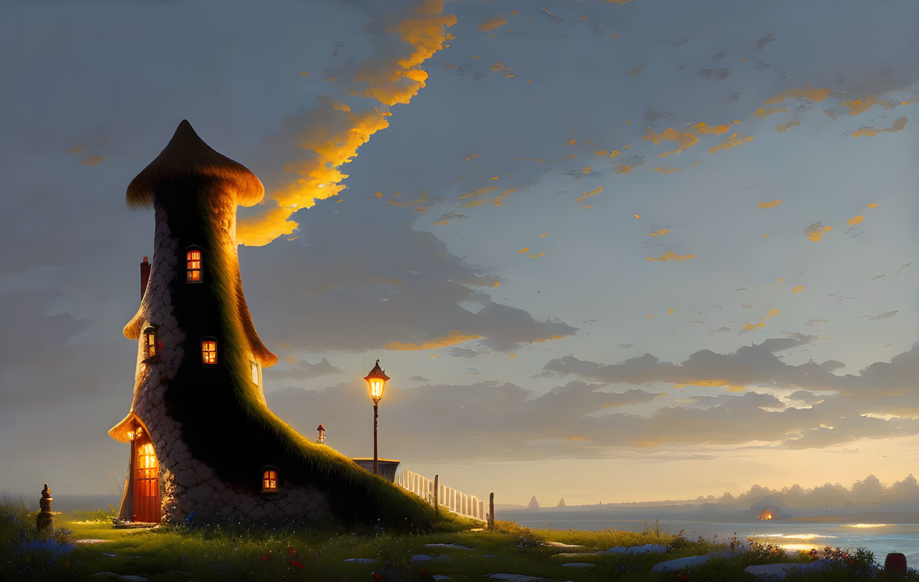 Mushroom-shaped house with glowing windows at twilight