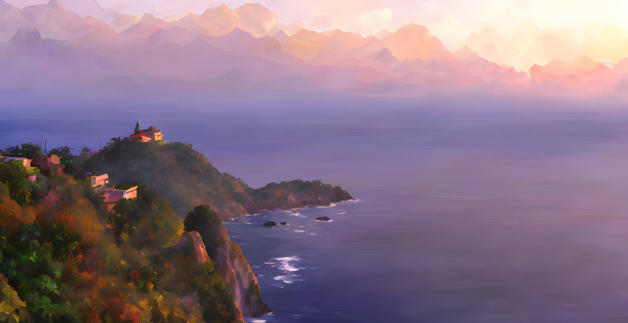 Coastal landscape with house on cliff, rolling hills, and pastel sunset