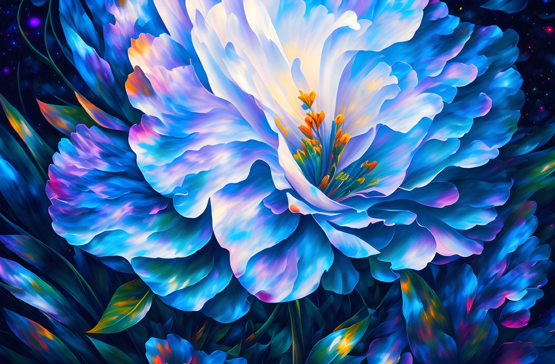 Colorful digital artwork: stylized flower with white and blue petals on dark, starry backdrop