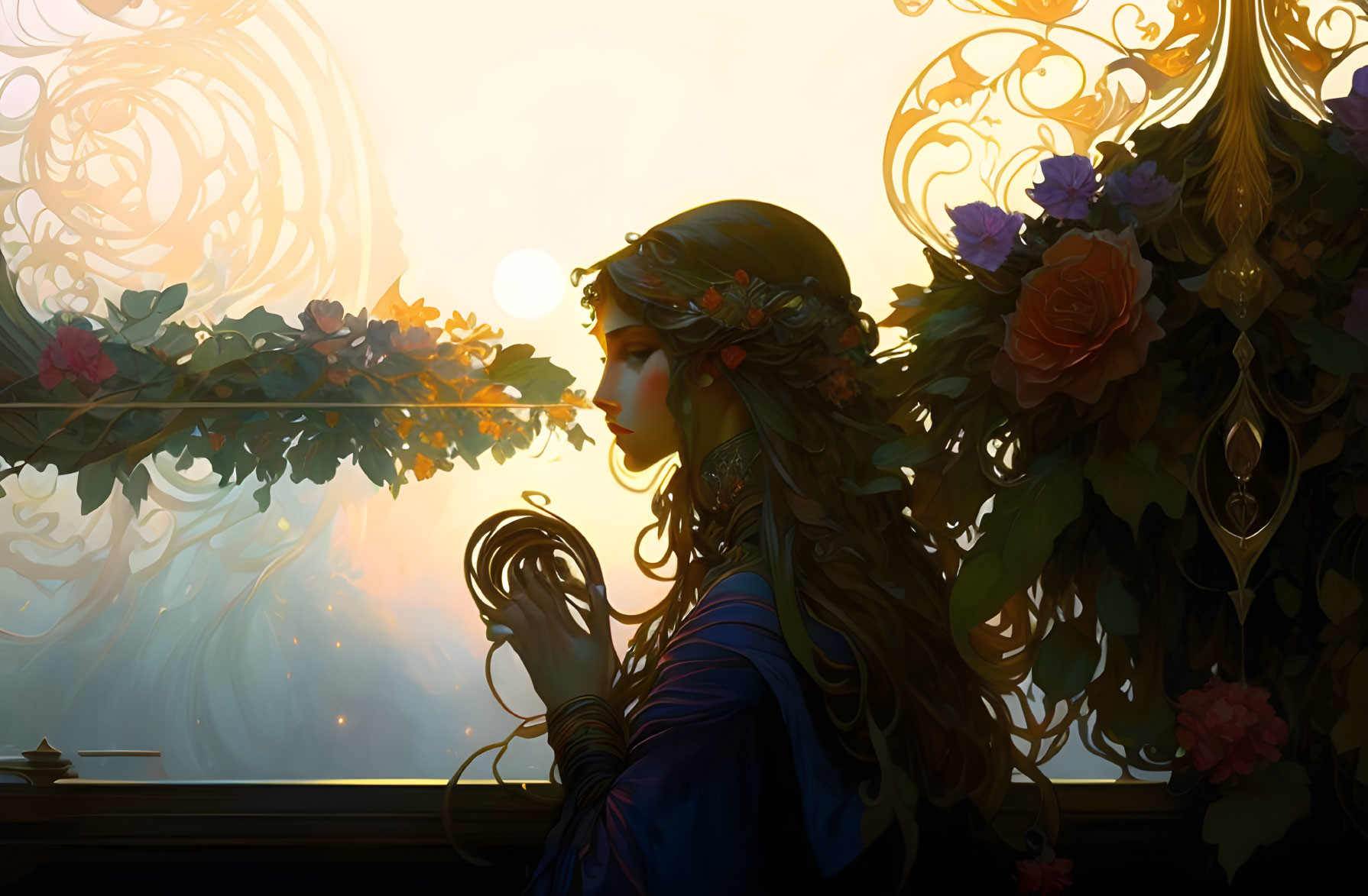 Woman with floral crown gazing out window in warm sunlight surrounded by lush flowers