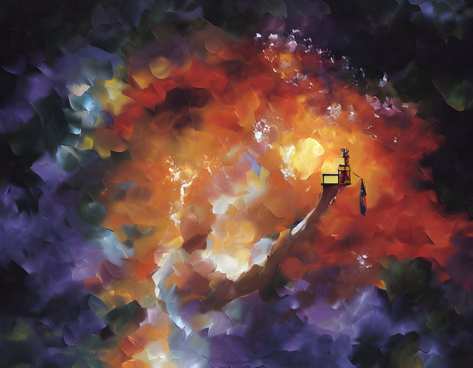 Abstract digital painting of lone figure on fiery branch in vibrant colors