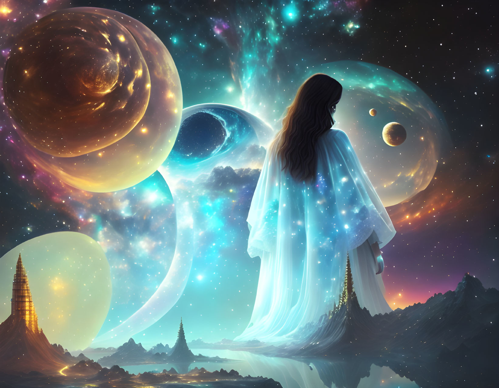 Woman in white gown surrounded by surreal cosmic backdrop with planets, nebulae, water landscape, and