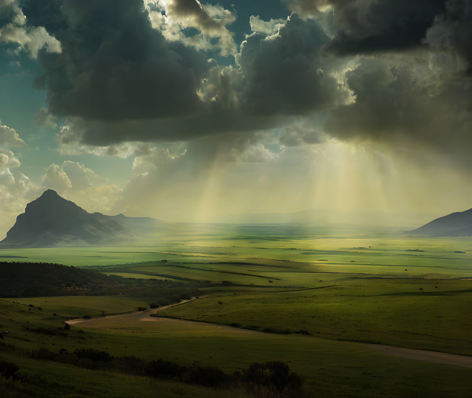 Scenic view of sun rays on dramatic mountain clouds