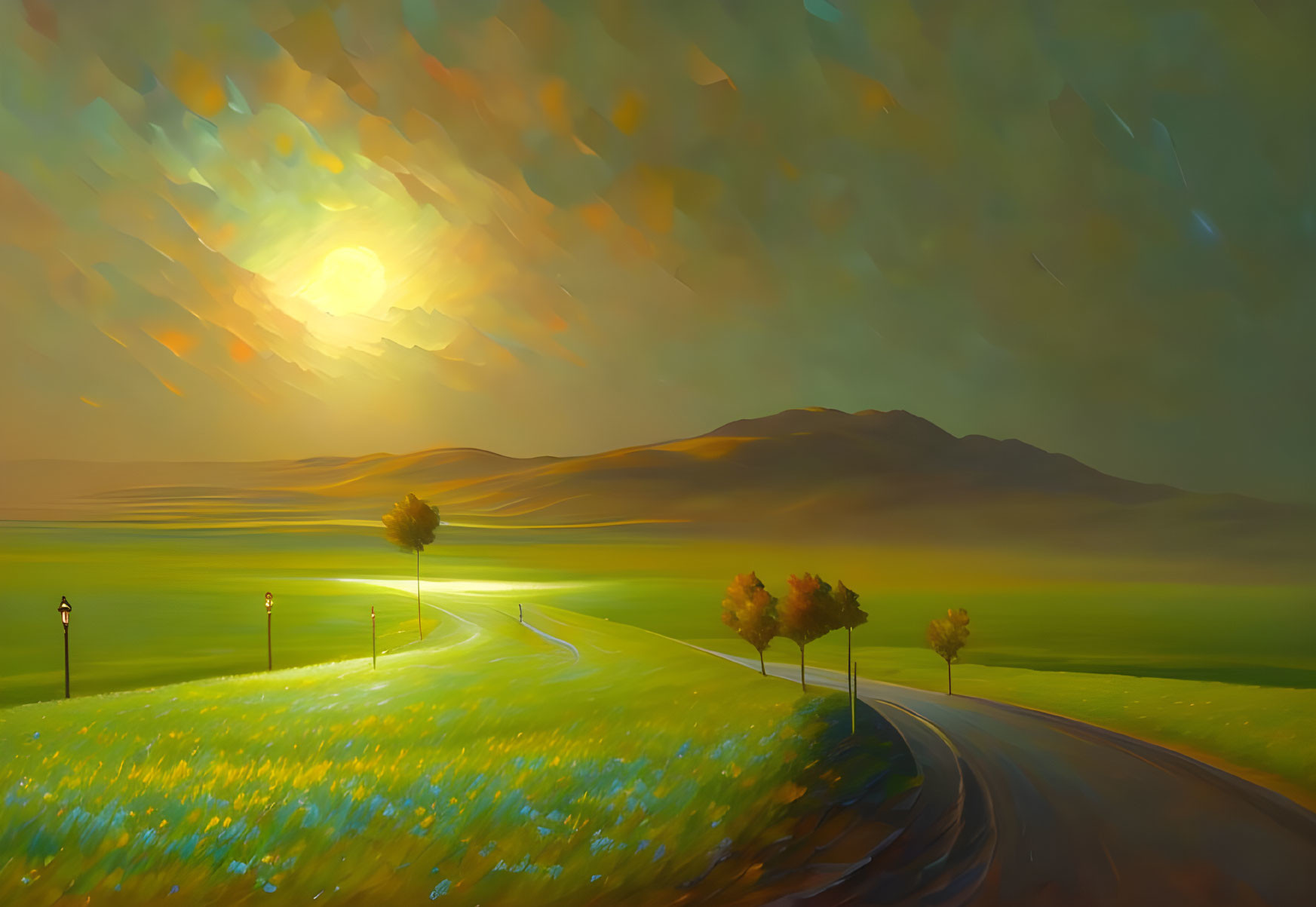 Scenic sunset painting with hilly landscape, road, trees, and yellow flowers