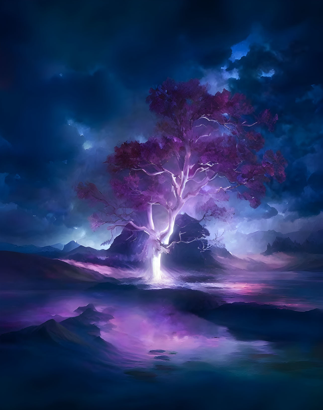 Vivid artwork of lone tree with purple foliage on island in surreal landscape