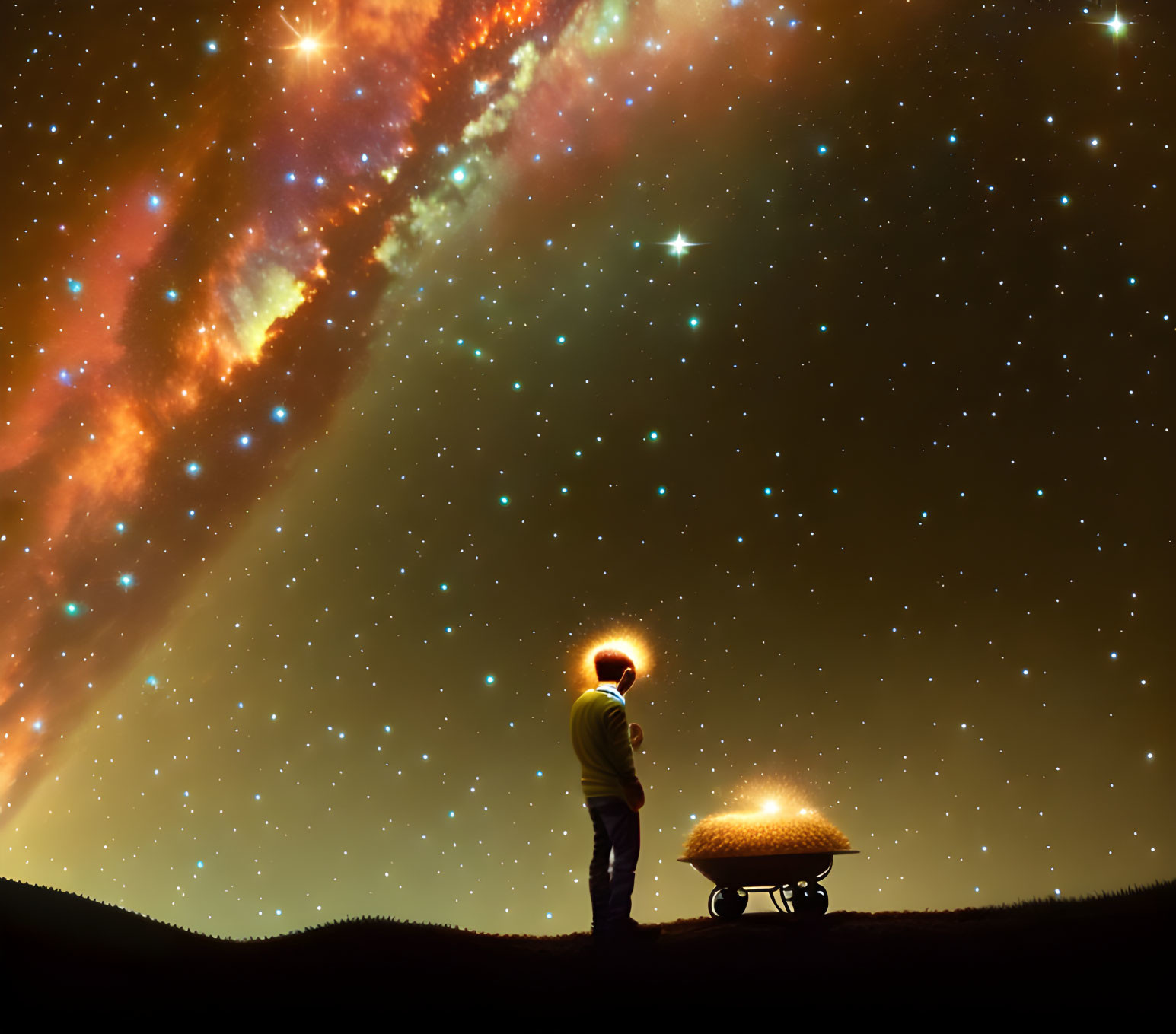 Person on grassy hill under starry night sky with galaxy and illuminated table