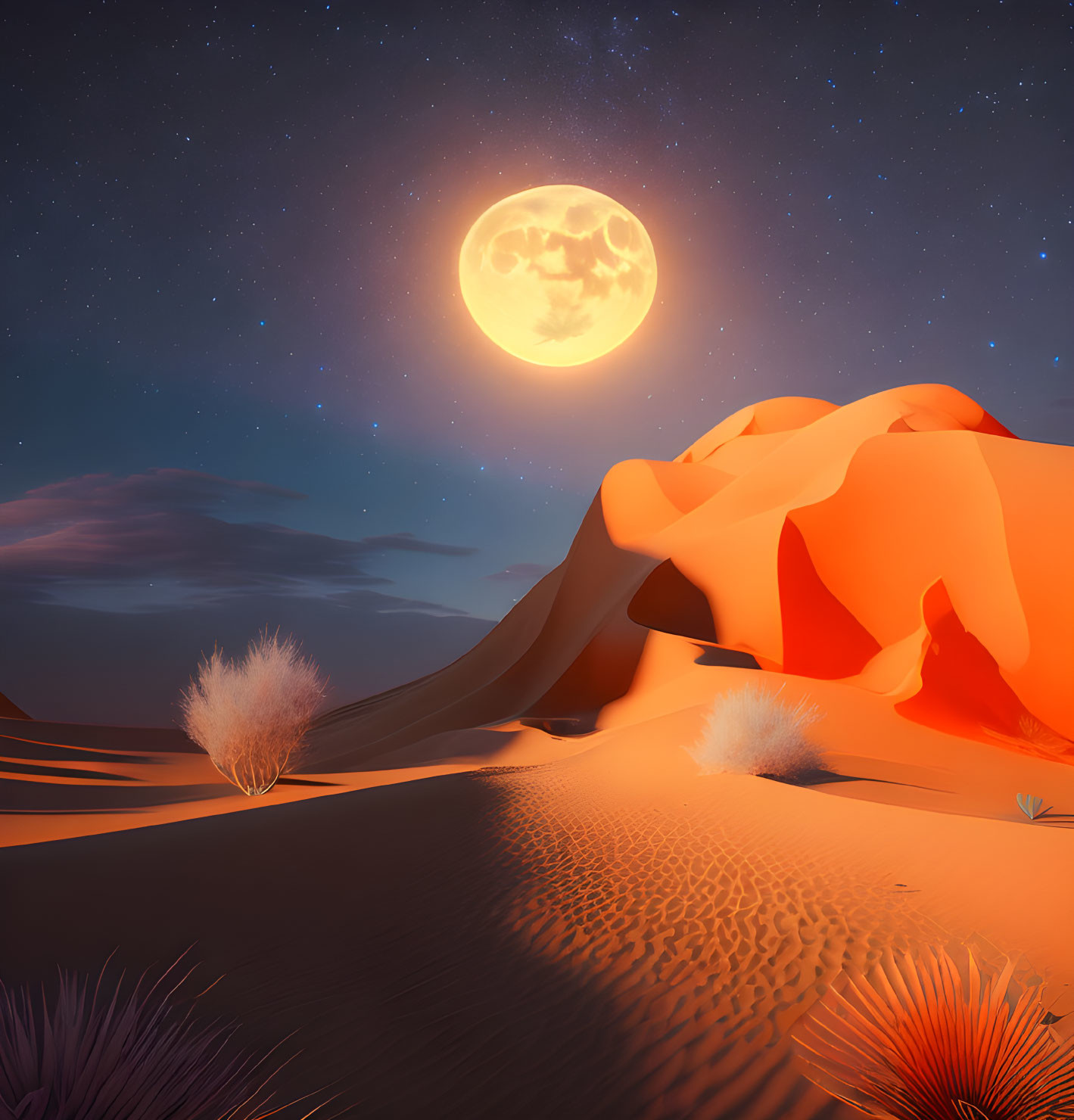 Full Moon Desert Landscape: Night Scene with Sand Dunes & Starry Sky