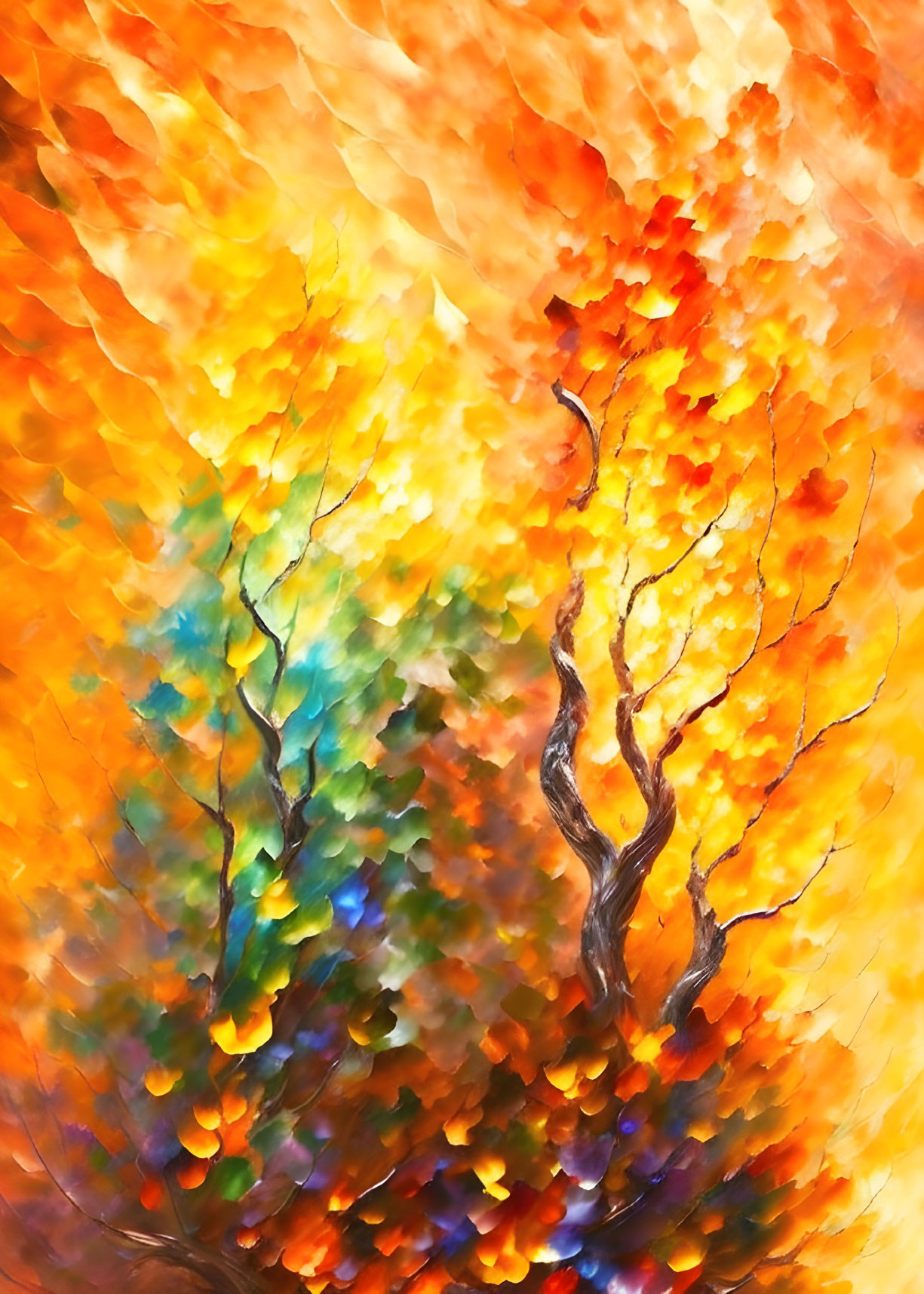 Vibrant abstract painting of fiery autumn tree