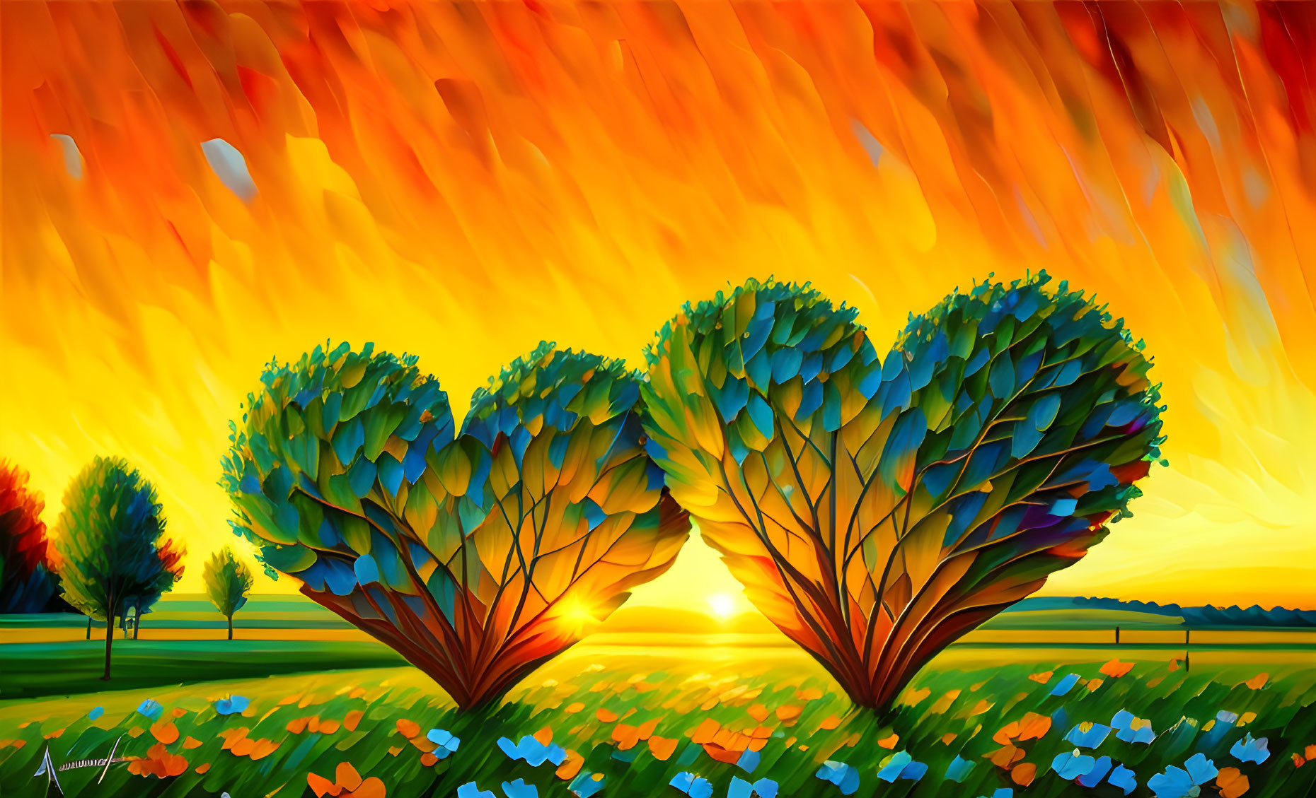 Colorful sunset art with heart-shaped trees and flowers