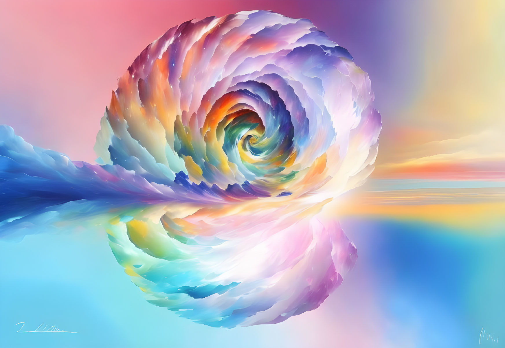 Colorful digital artwork: Swirling rainbow shell on pastel horizon