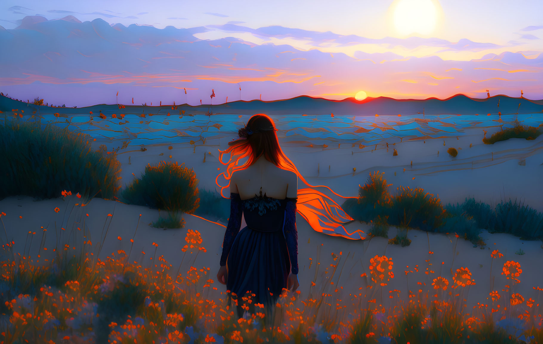 Woman in flowing dress in vibrant flower field at sunset.