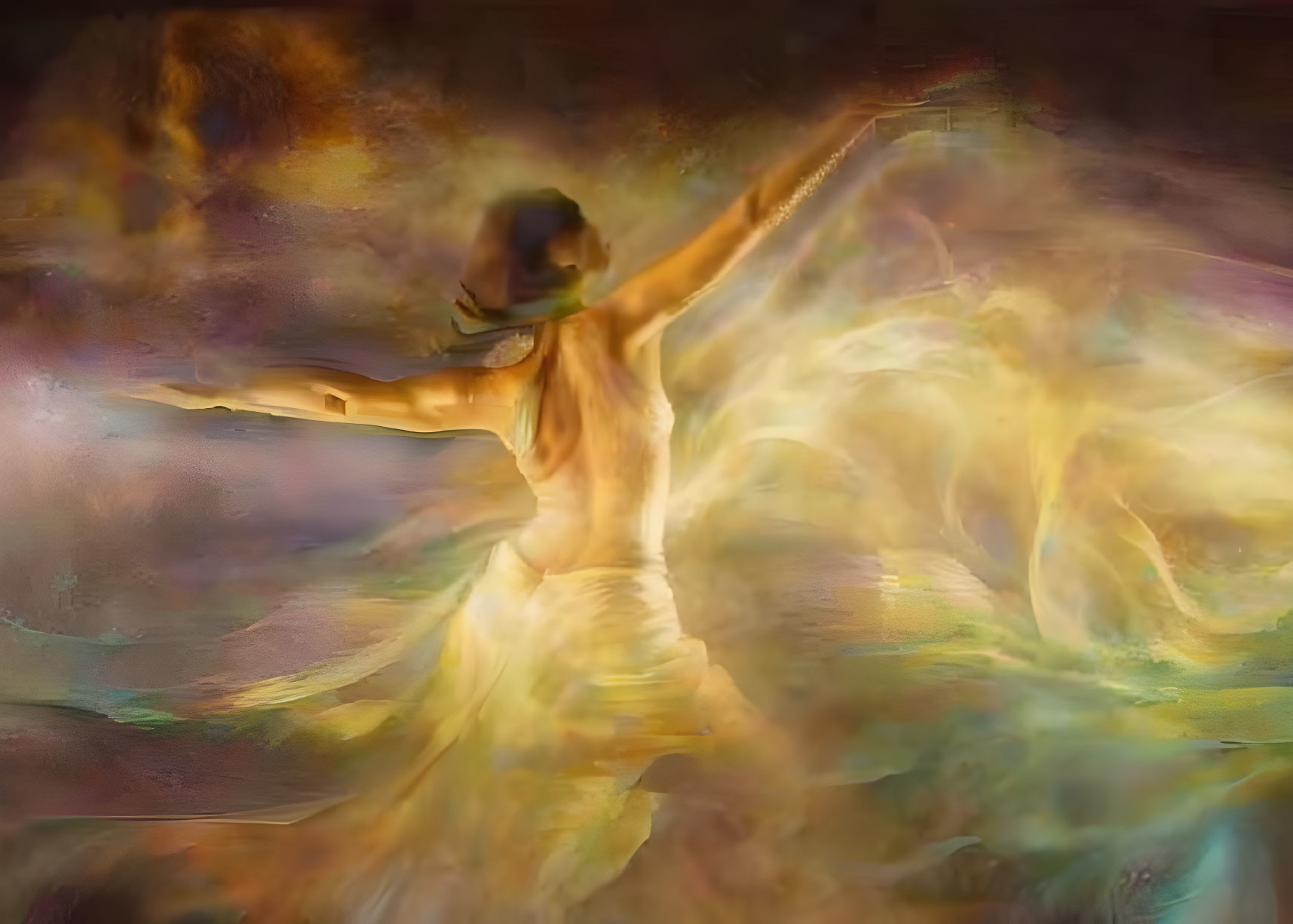 Flowing dancer in warm-colored abstract aura