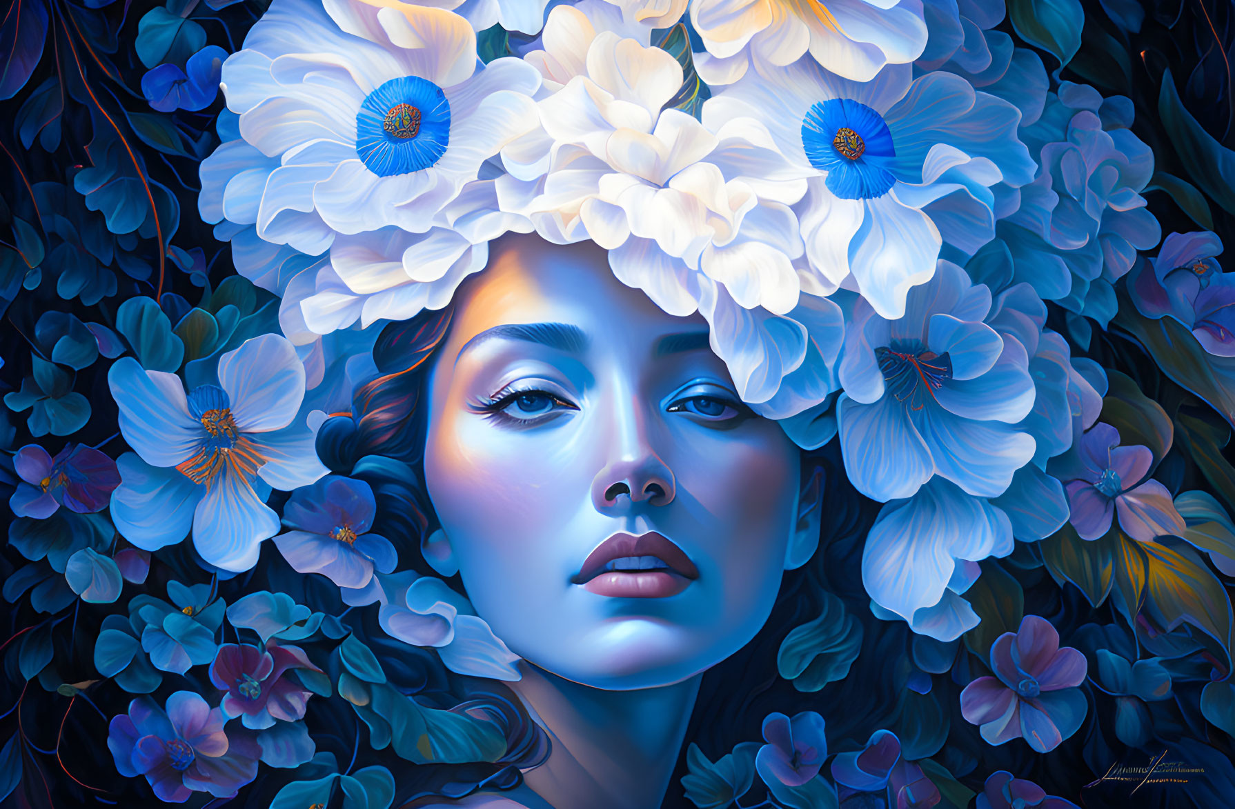 Woman's face with blue and white flowers in digital artwork