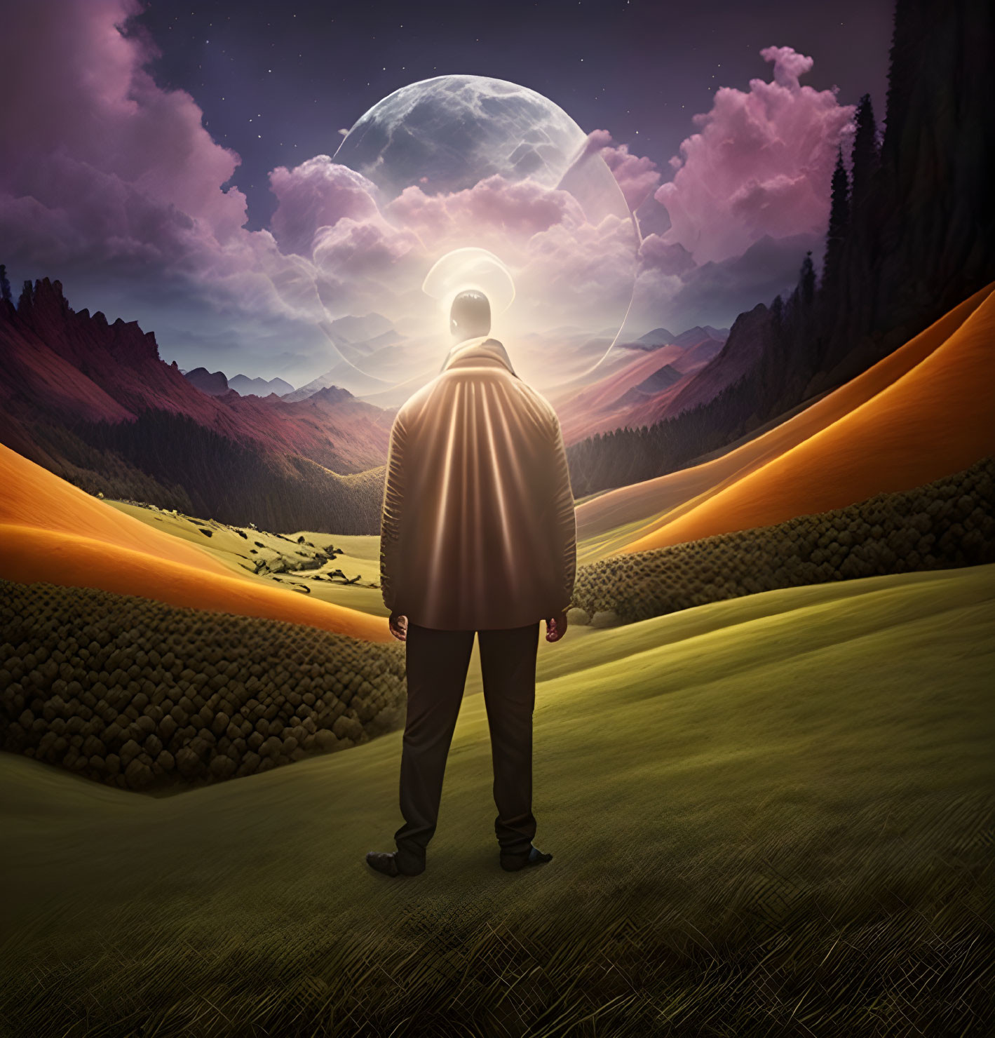 Luminous head person in surreal landscape with giant moon