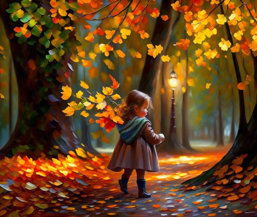 Young girl in coat on tree-lined path with autumn leaves and glowing street lamps