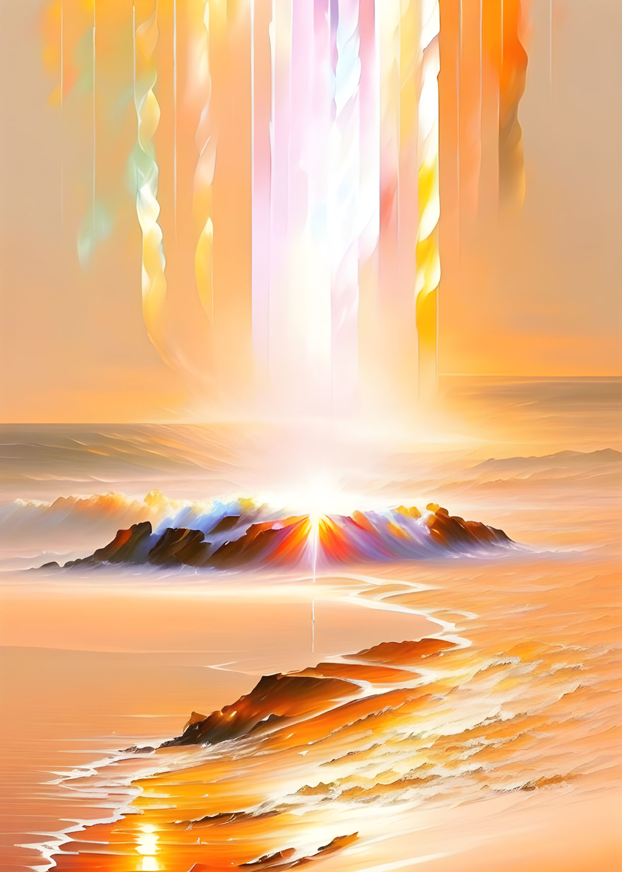 Vibrant sunset digital artwork with abstract lines over ocean