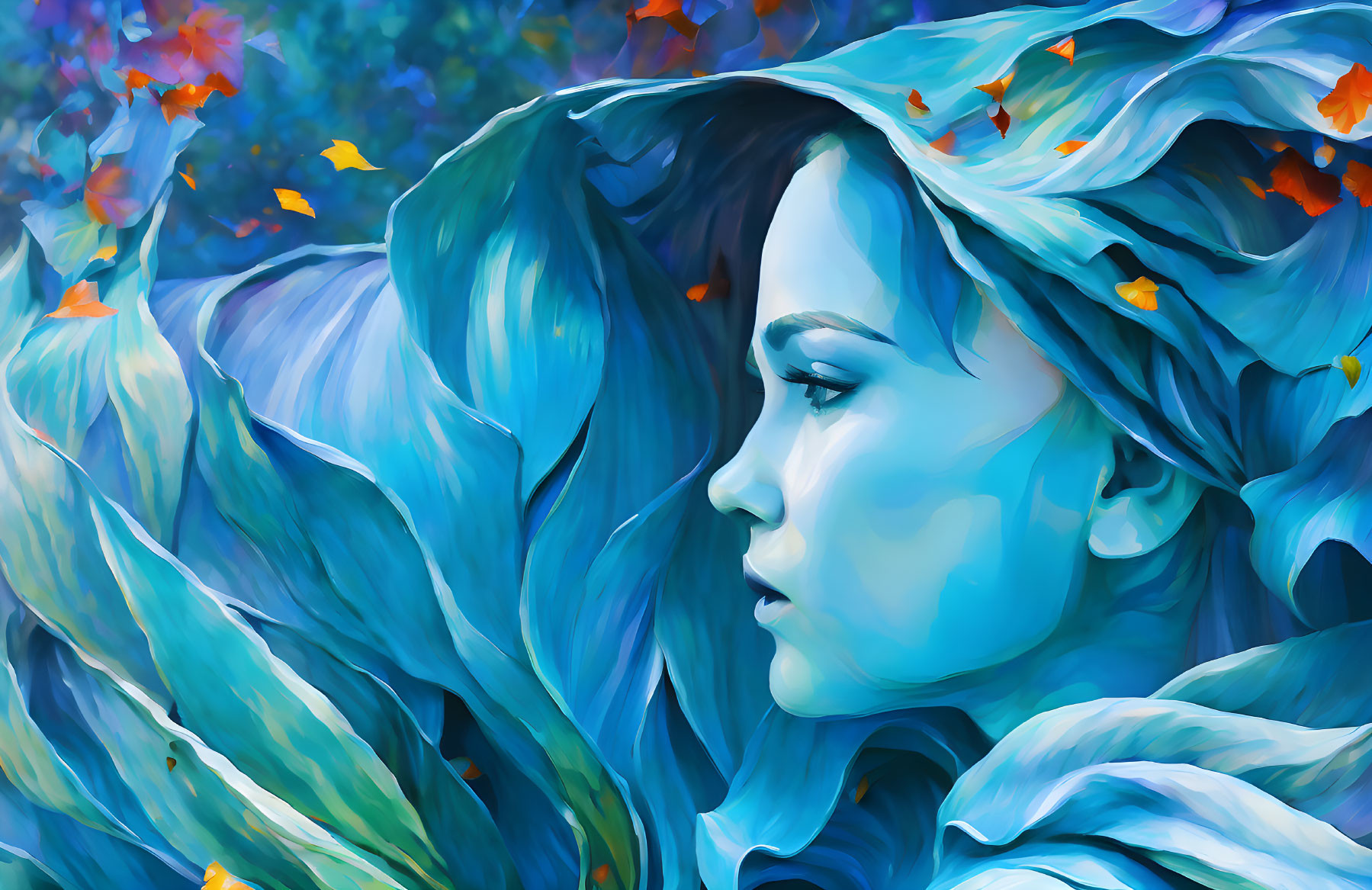 Colorful painting of woman with blue skin and flowing hair in nature setting