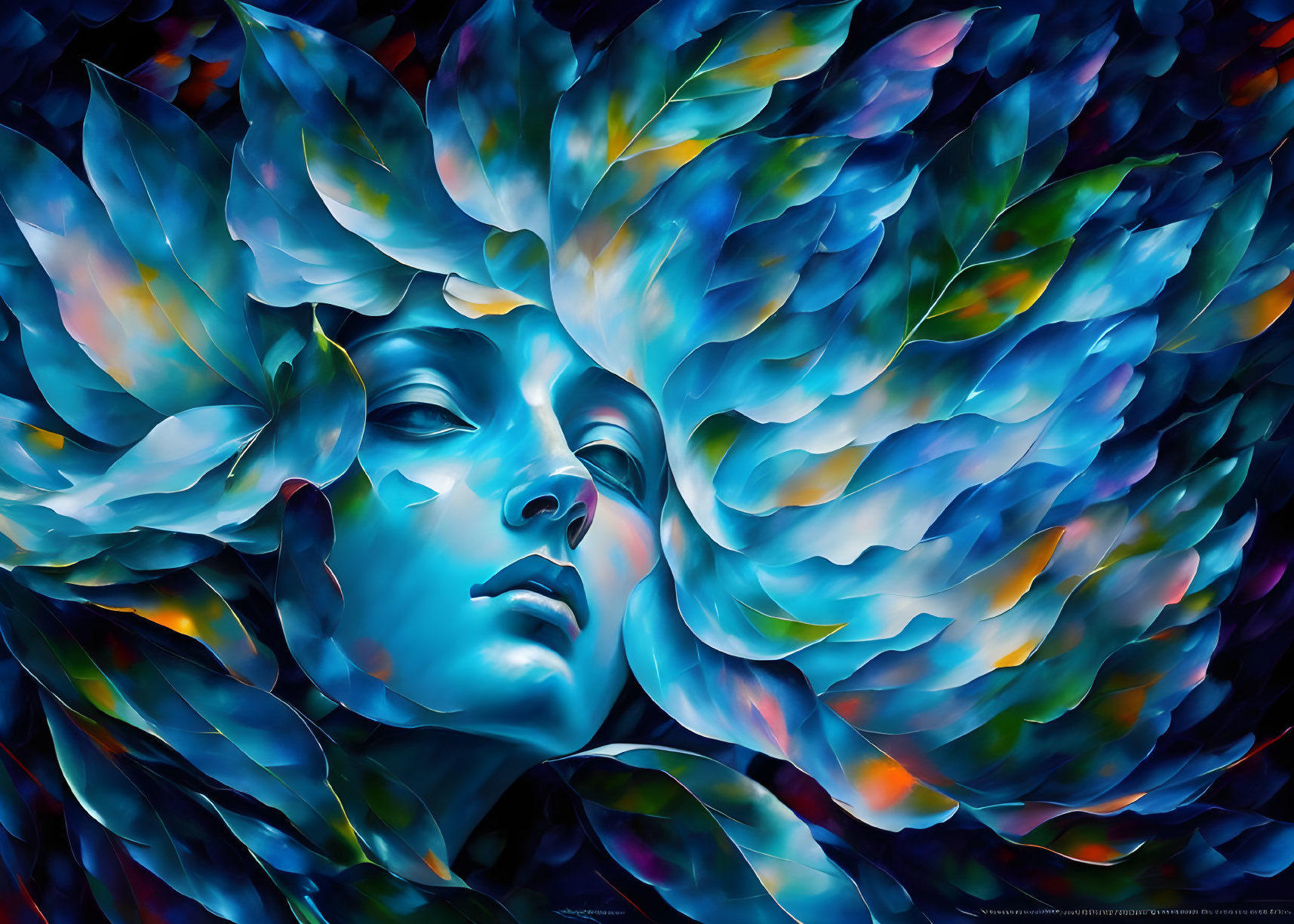 Vibrant digital artwork: serene face with closed eyes amidst abstract leaf shapes