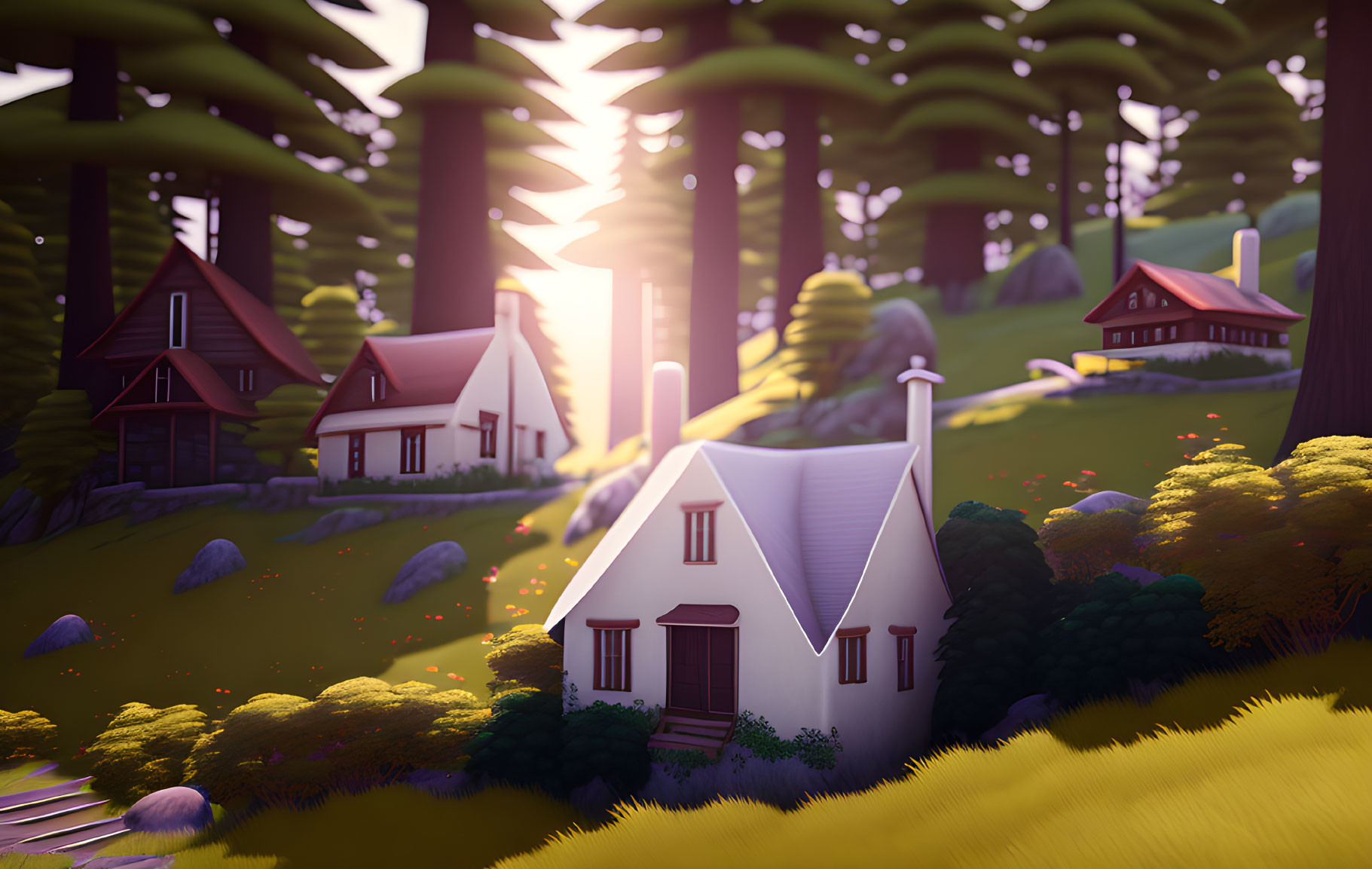 Tranquil forest scene with cottages under vibrant sunset