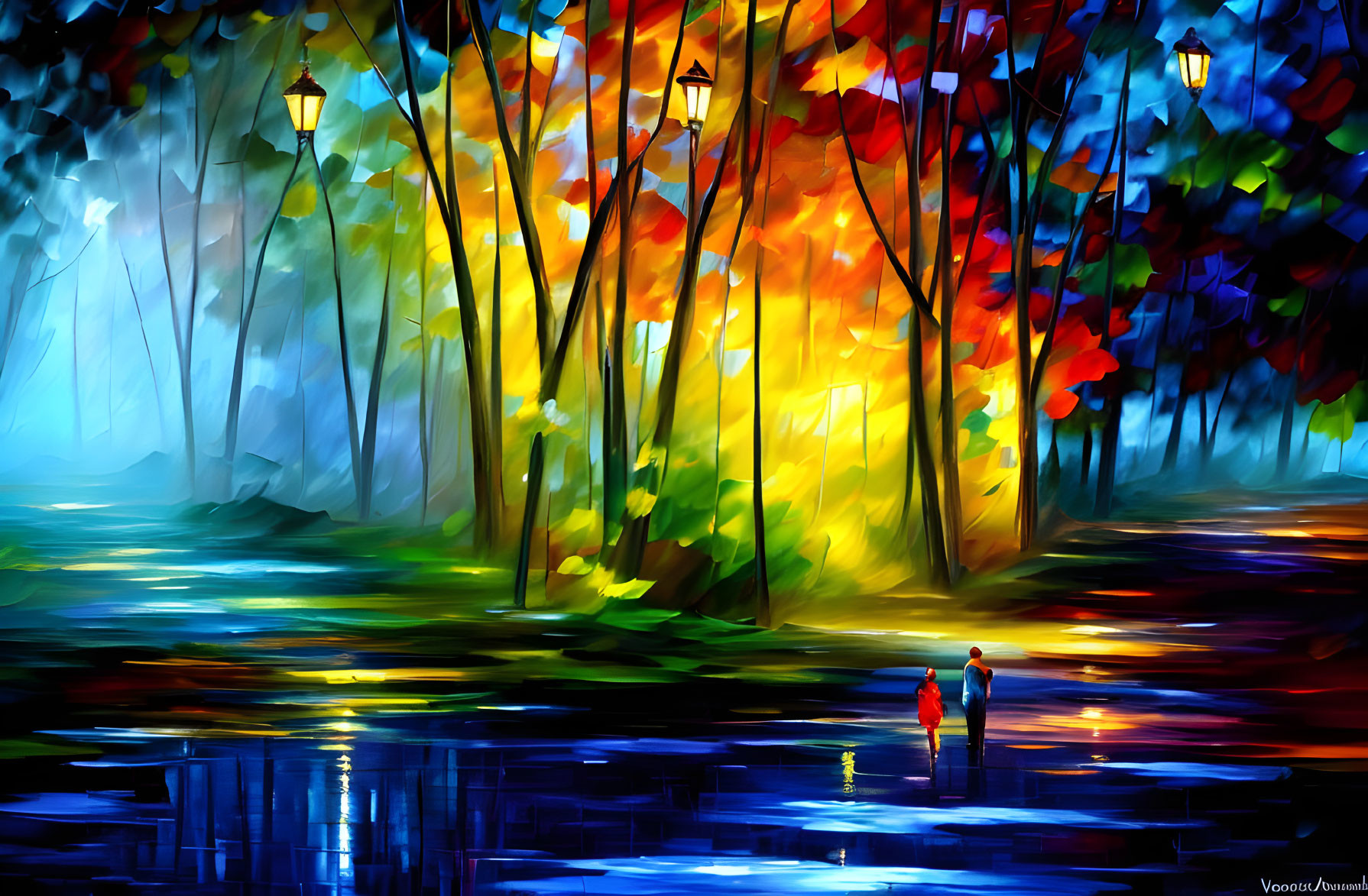 Colorful Forest Digital Painting with Walking Figures and Street Lamps