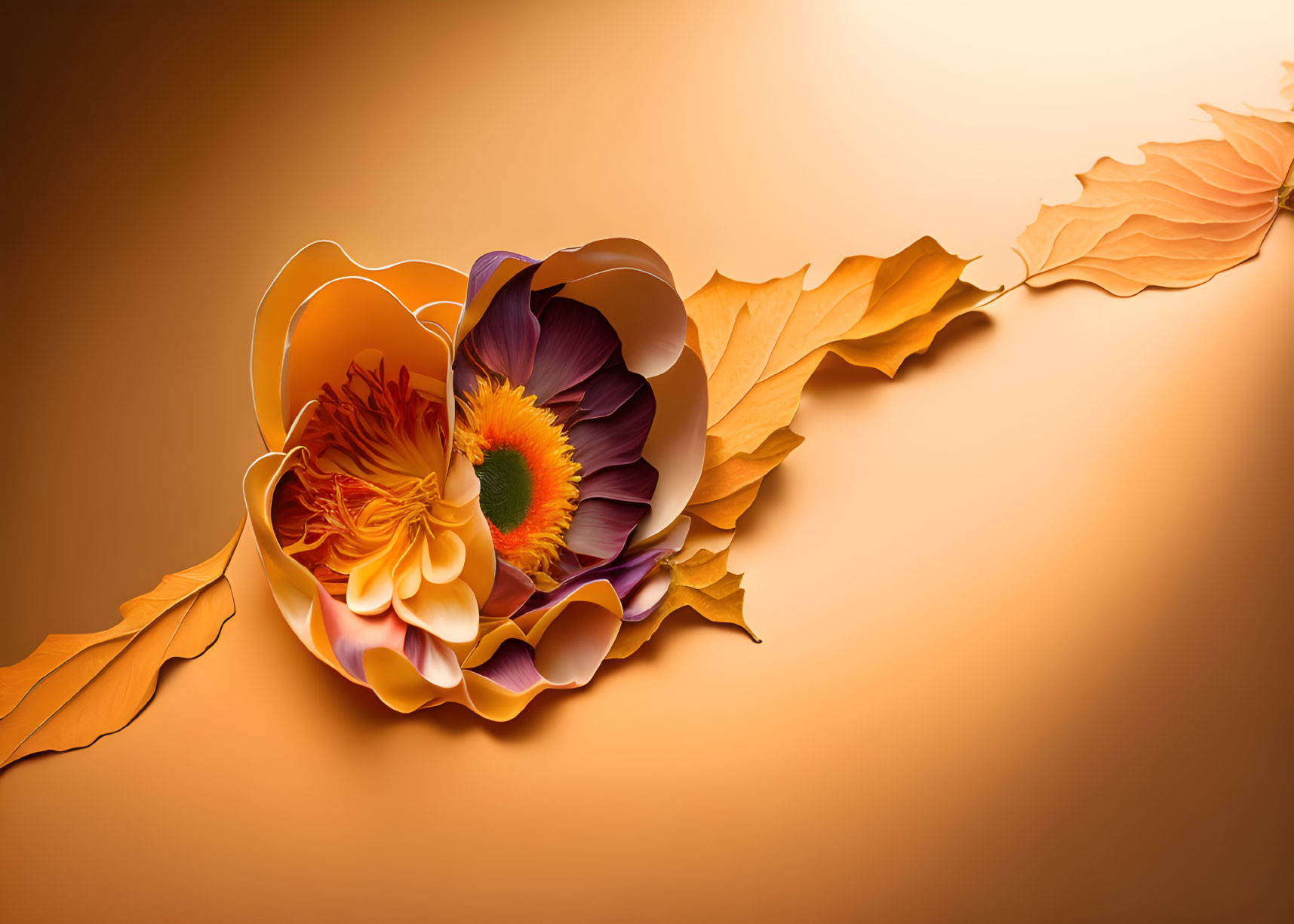 Paper Art Flower Surrounded by Autumn Leaves on Warm Background