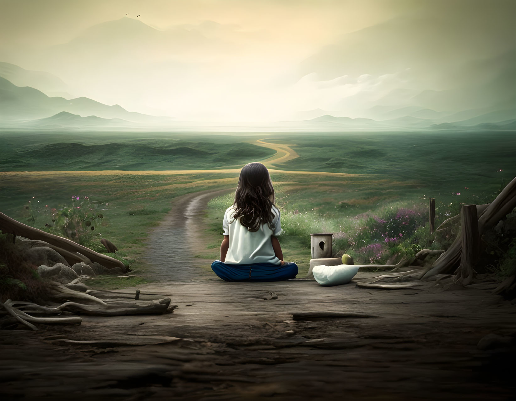 Person sitting on wooden path admiring winding road through lush hills under soft, overcast sky