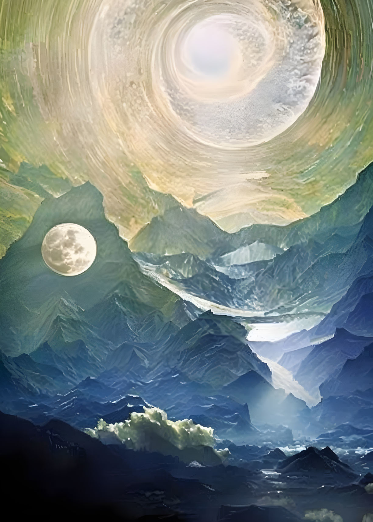 Surreal landscape with swirling sky, moon, and luminous vortex