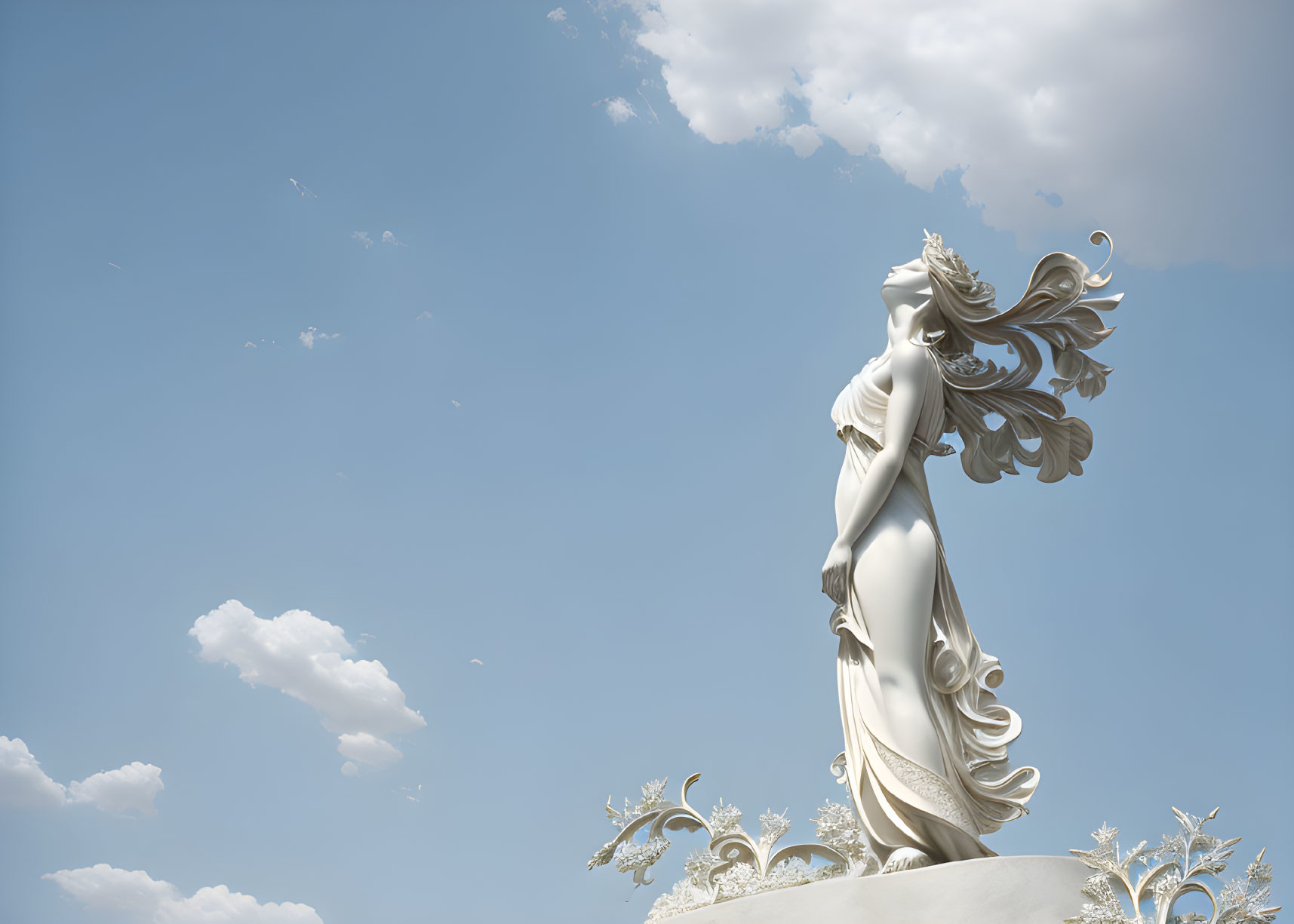 Graceful woman statue under blue sky with flowing hair and robes