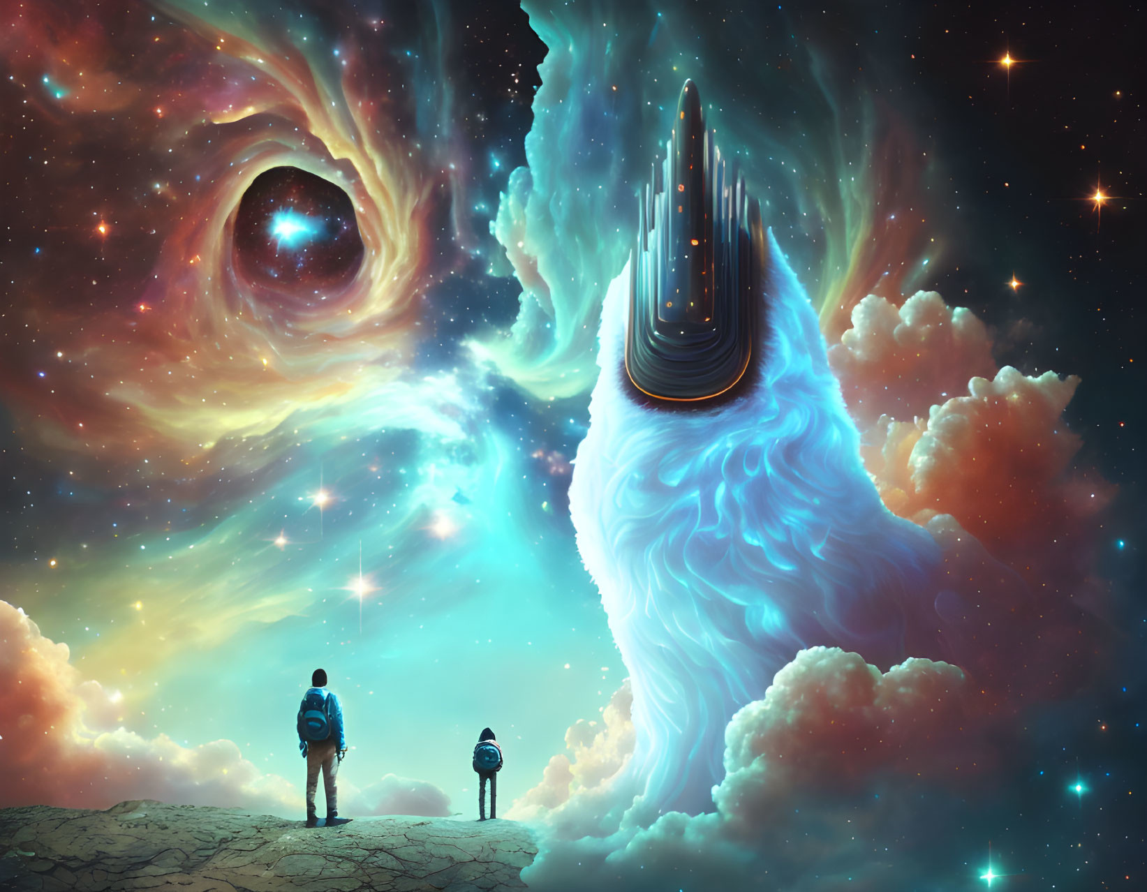 Surreal cosmic landscape with two people and swirling galaxy