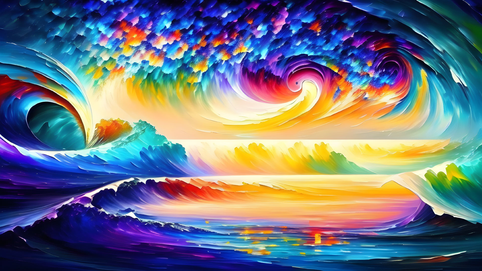 Colorful Abstract Painting: Swirling Waves & Reflective Sky