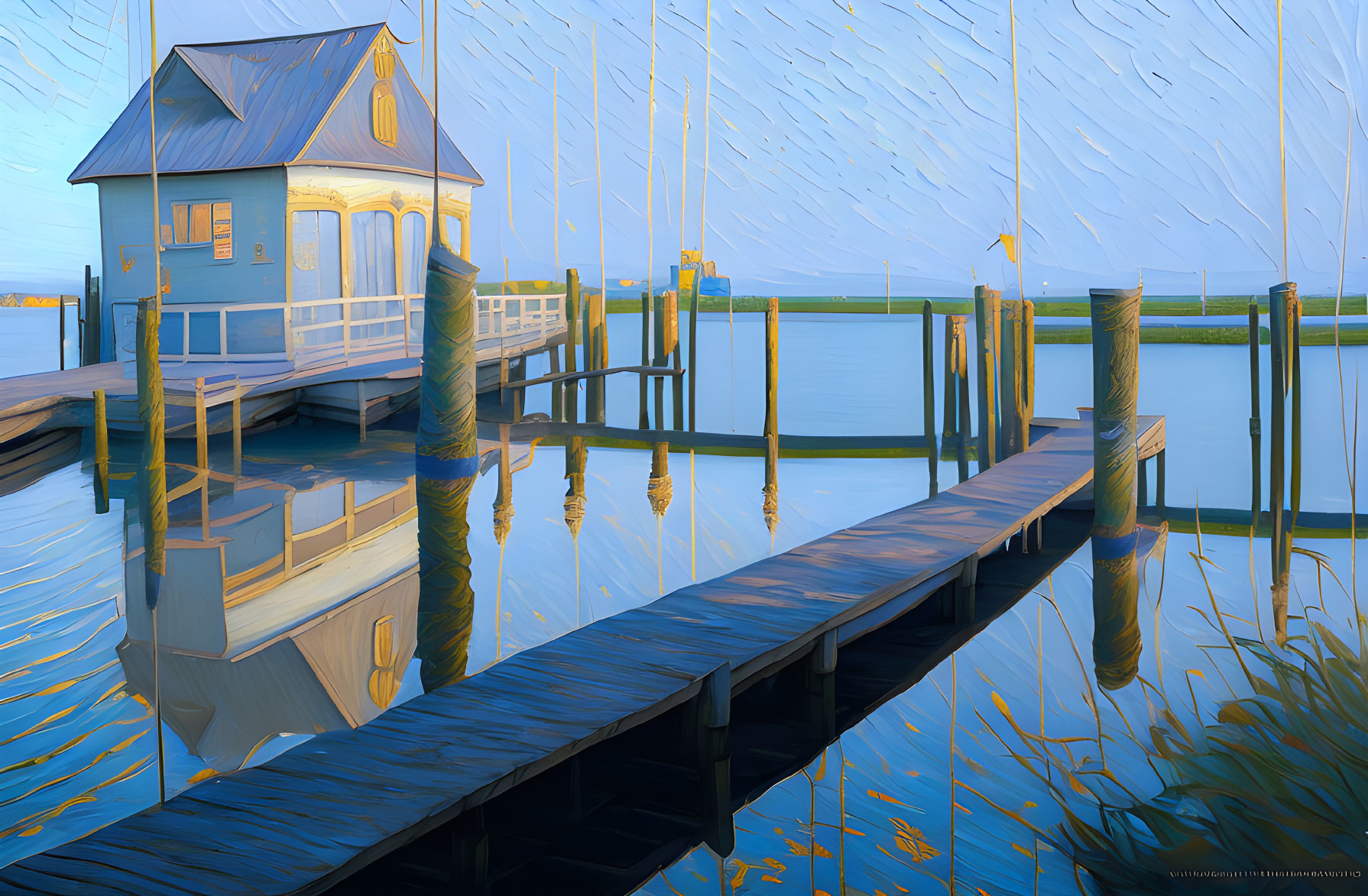 Tranquil digital art: Blue boathouse on pier with serene waters & sky